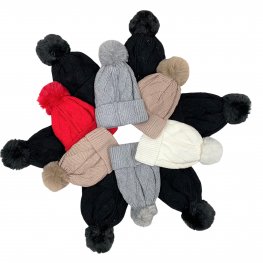 Cable knit Pom-Pom Fleece lined Hats 231585 (5 Colors 1 Doz)