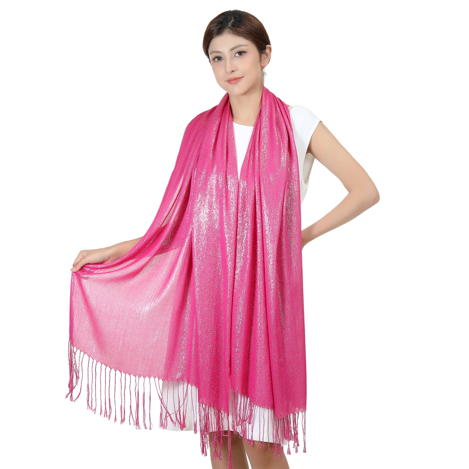 Sparkling Metallic Pashmina HY46001-10 Hot Pink