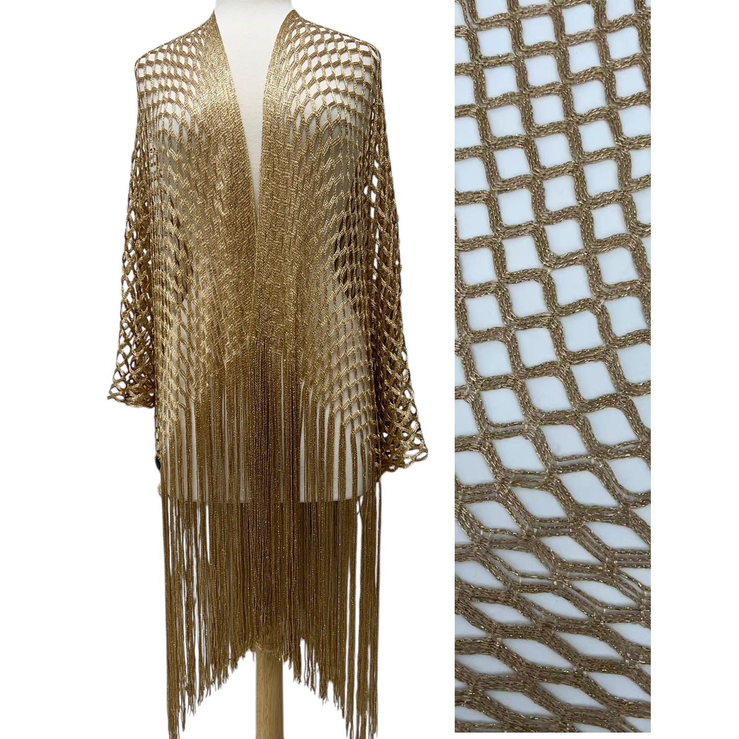 Metallic Sparkling Fishnet Oblong Kimono LB01002:Gold