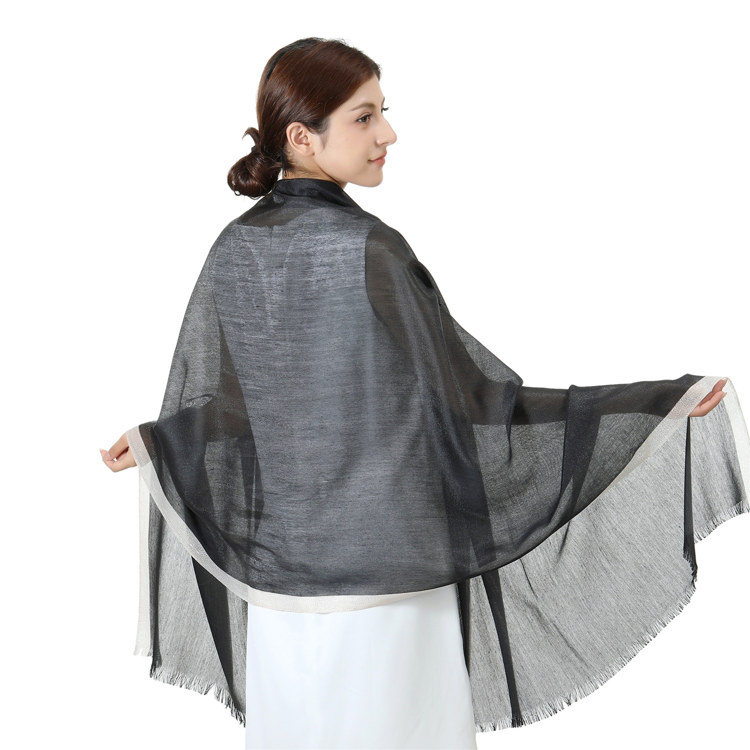 7401 Sparkly Golden Border Shawl:Black