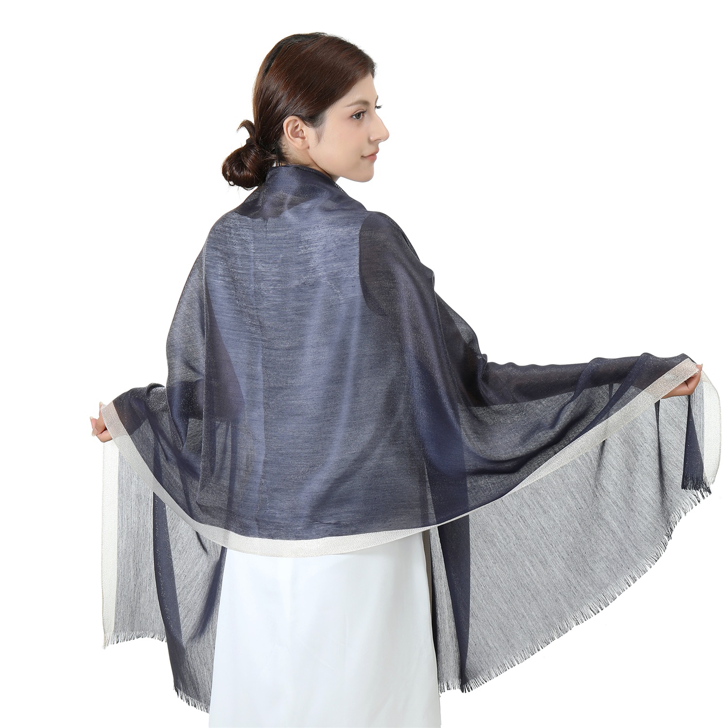 7402 Sparkly Golden Border Shawl:Navy