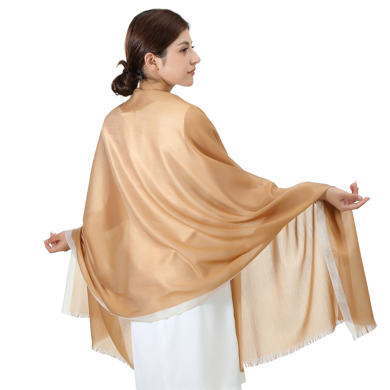 7405 Sparkly Golden Border Shawl:Camel