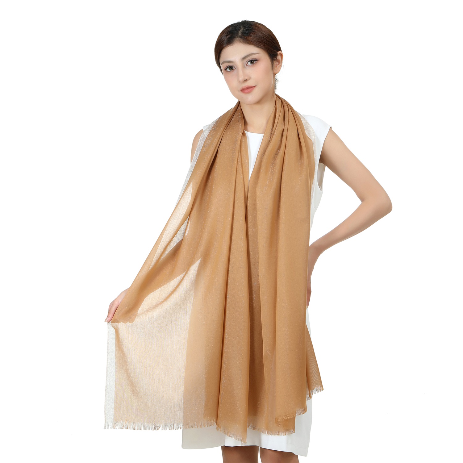 7405 Sparkly Golden Border Shawl:Camel