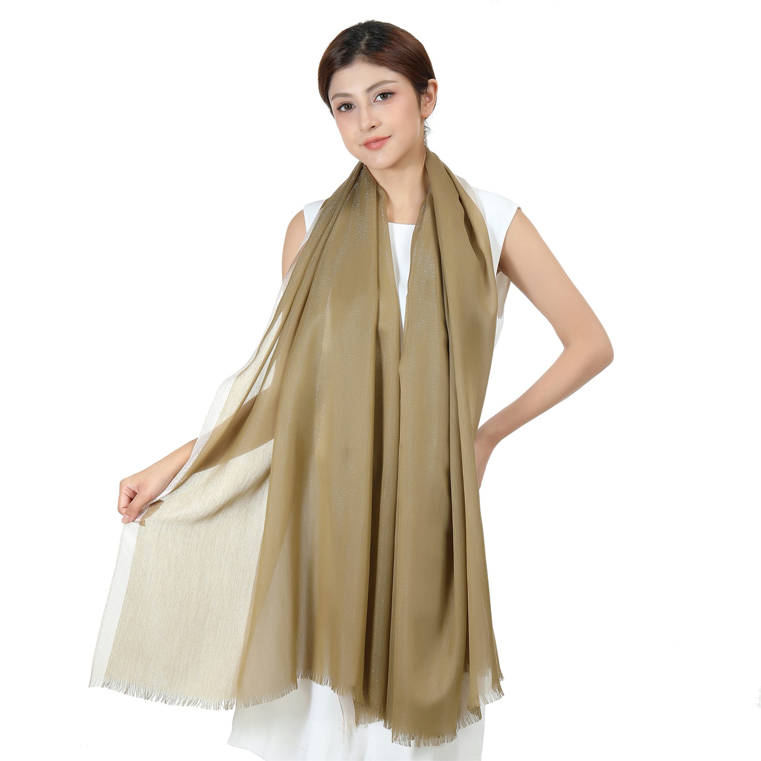 7406 Sparkly Golden Border Shawl:Sage