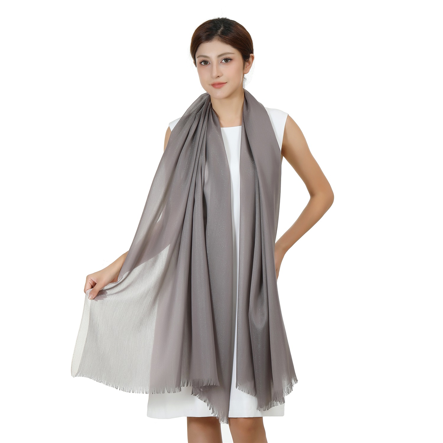 7407 Sparkly Golden Border Shawl:Grey