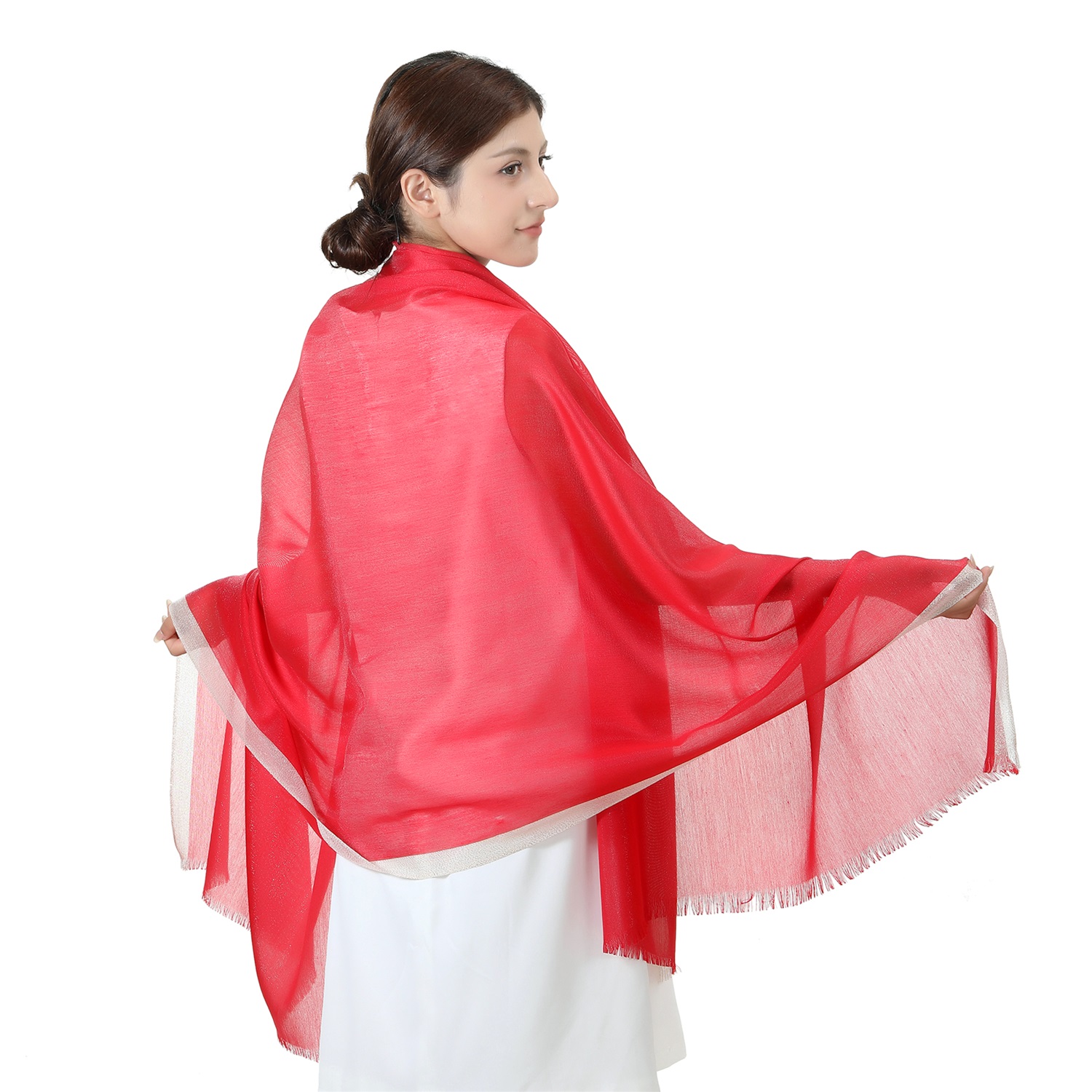 7411 Sparkly Golden Border Shawl:Red