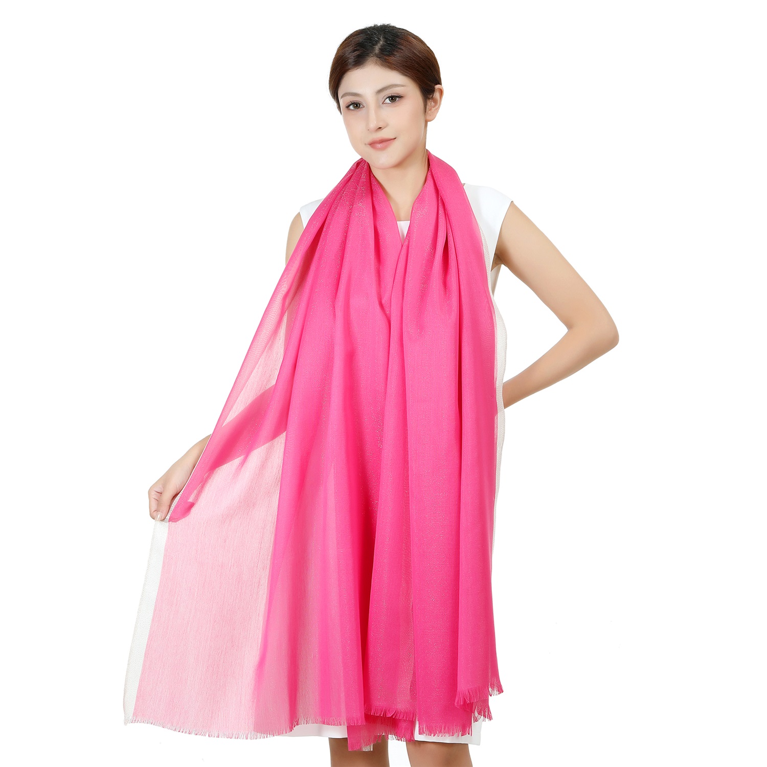 7412 Sparkly Golden Border Shawl:Hot Pink