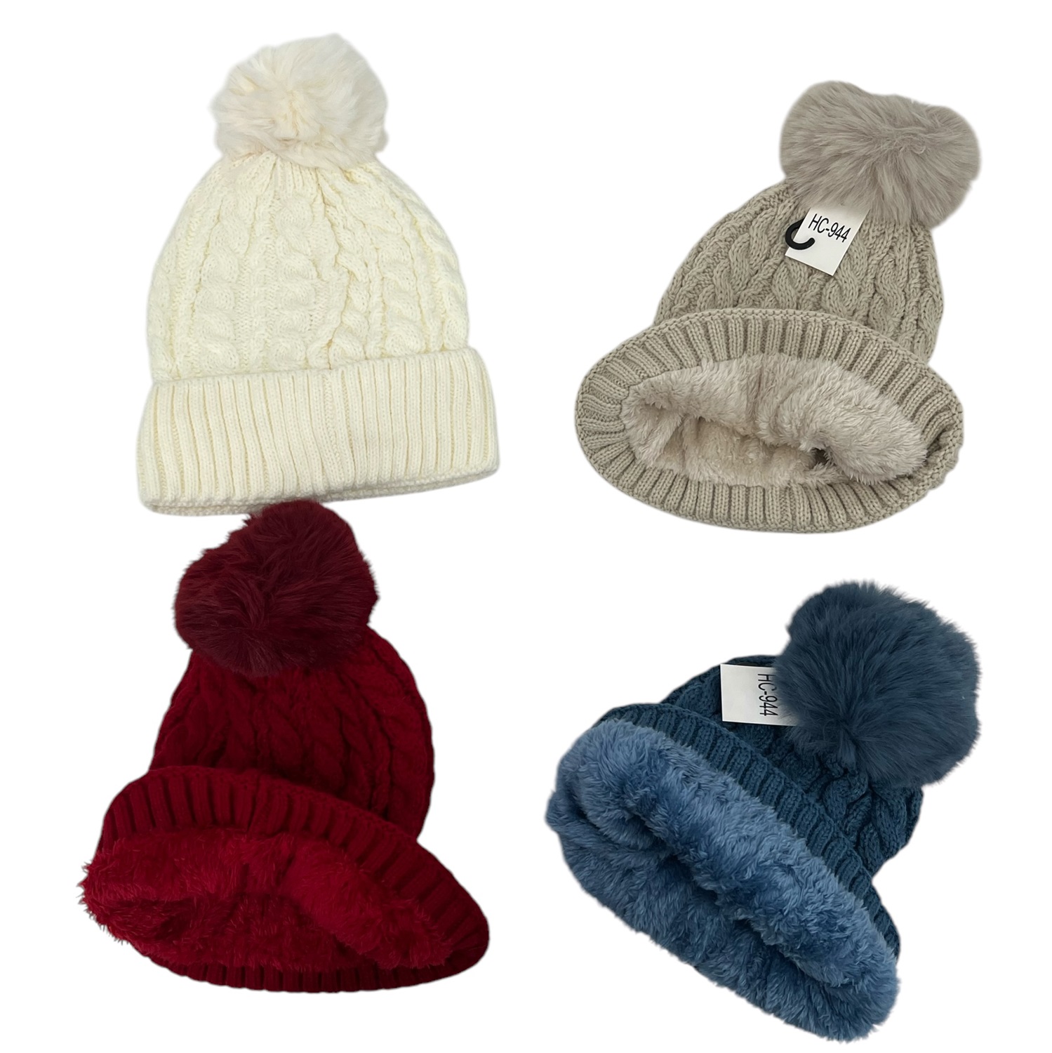 Cable Knit Pom-Pom Fleece Lined Hats HC944 (10 Colors 1 DZ)