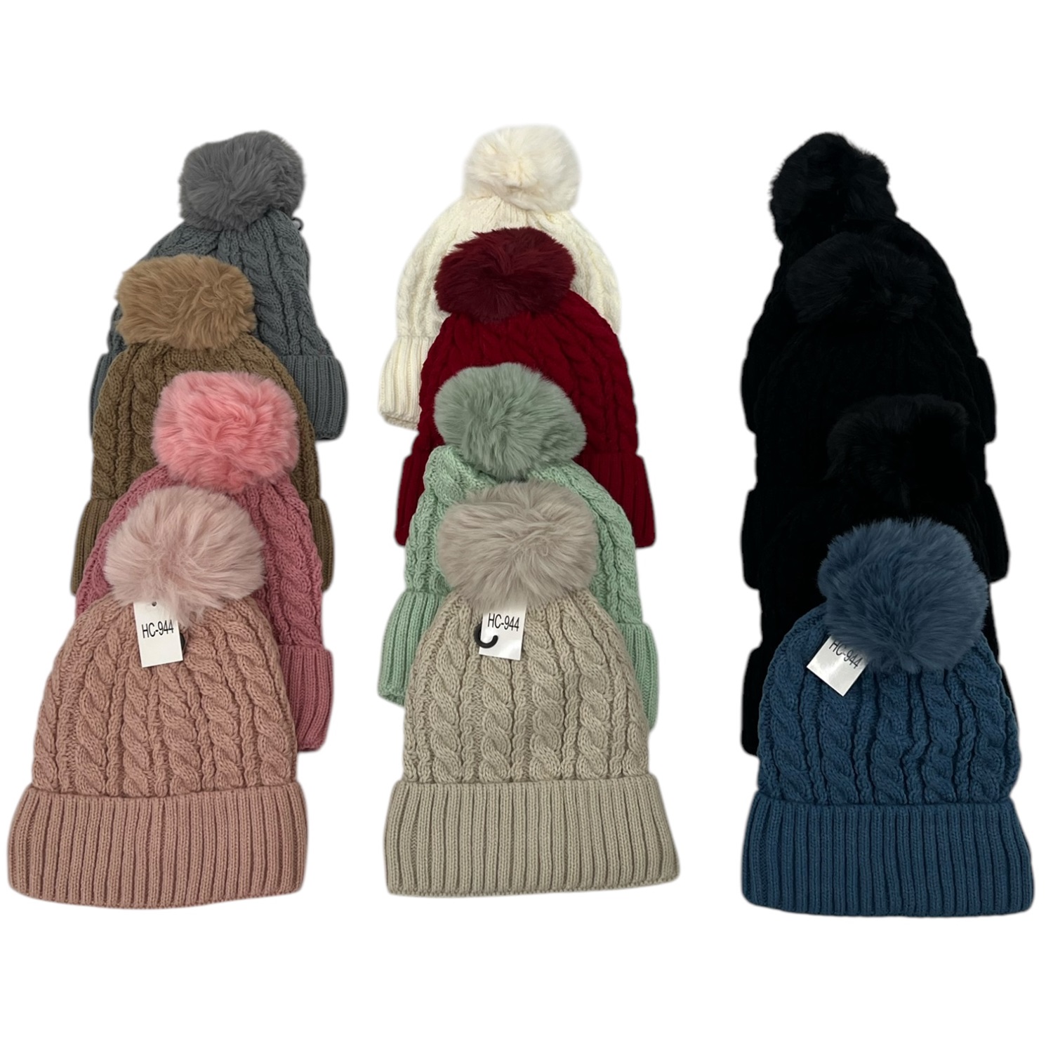 Cable Knit Pom-Pom Fleece Lined Hats HC944 (10 Colors 1 DZ)