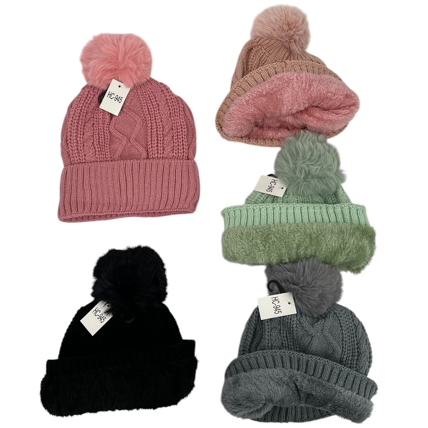 Cable Knit Pom-Pom Fleece Lined Hats HC945 (10 Colors 1 DZ)