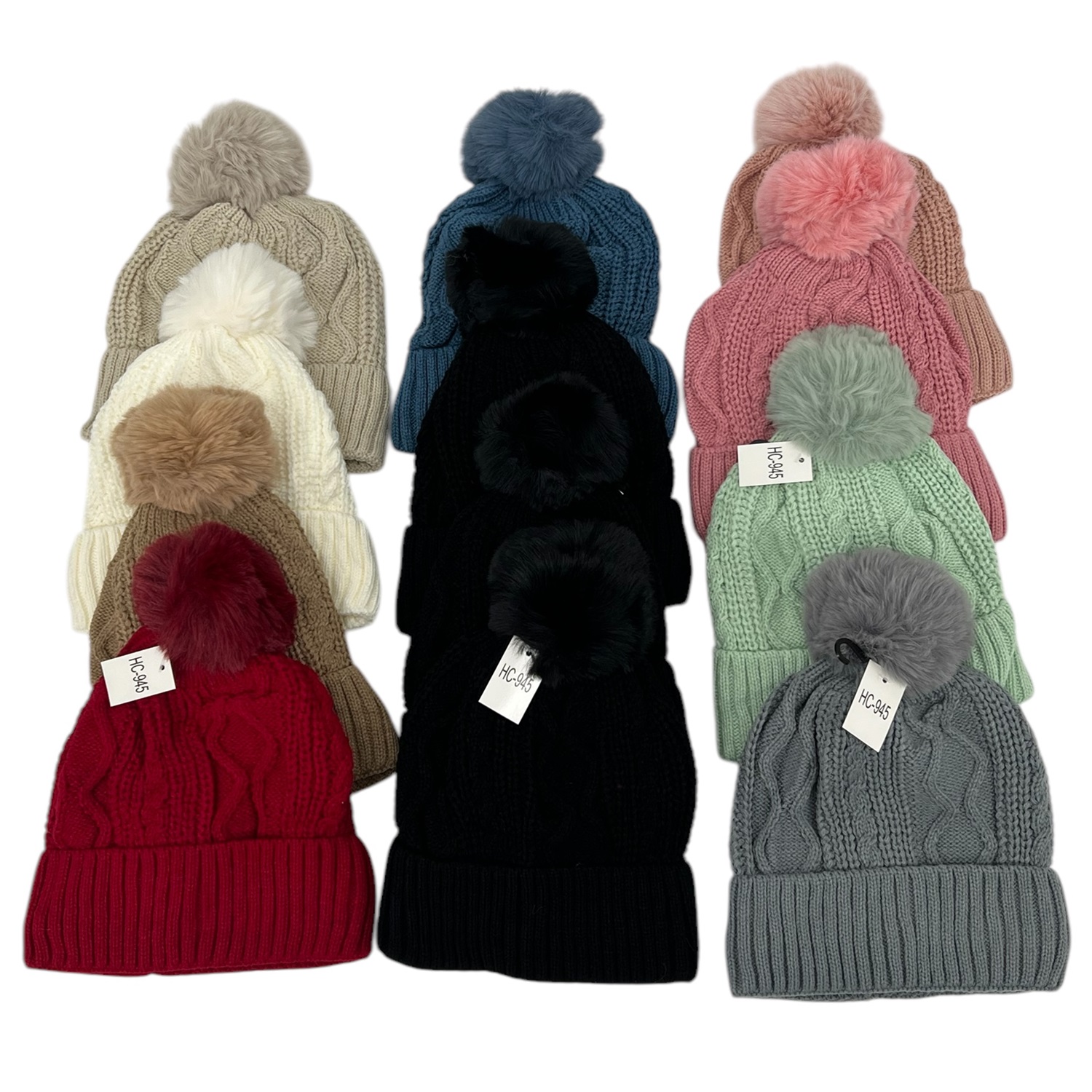 Cable Knit Pom-Pom Fleece Lined Hats HC945 (10 Colors 1 DZ)