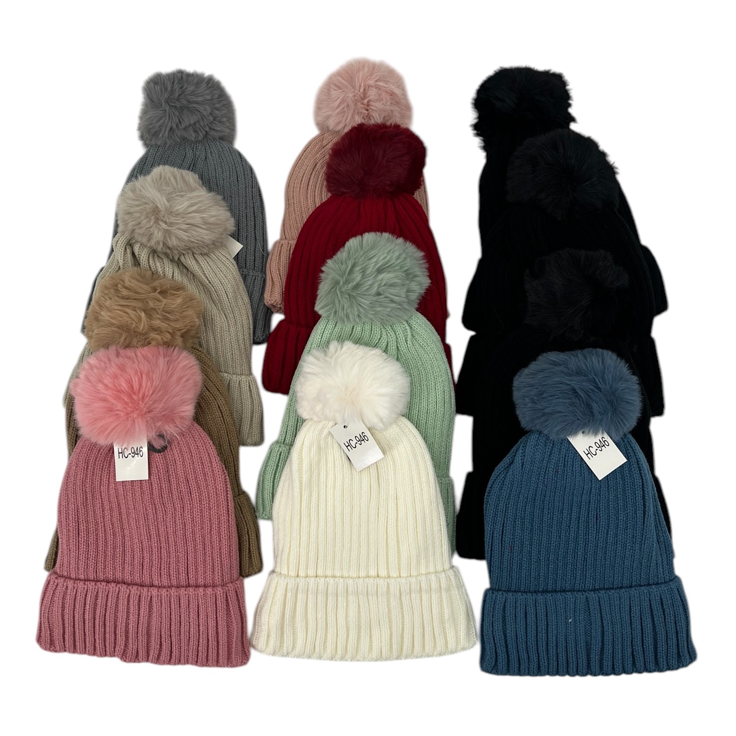 Cable Knit Pom-Pom Fleece Lined Hats HC946 (9 Colors 1 DZ)