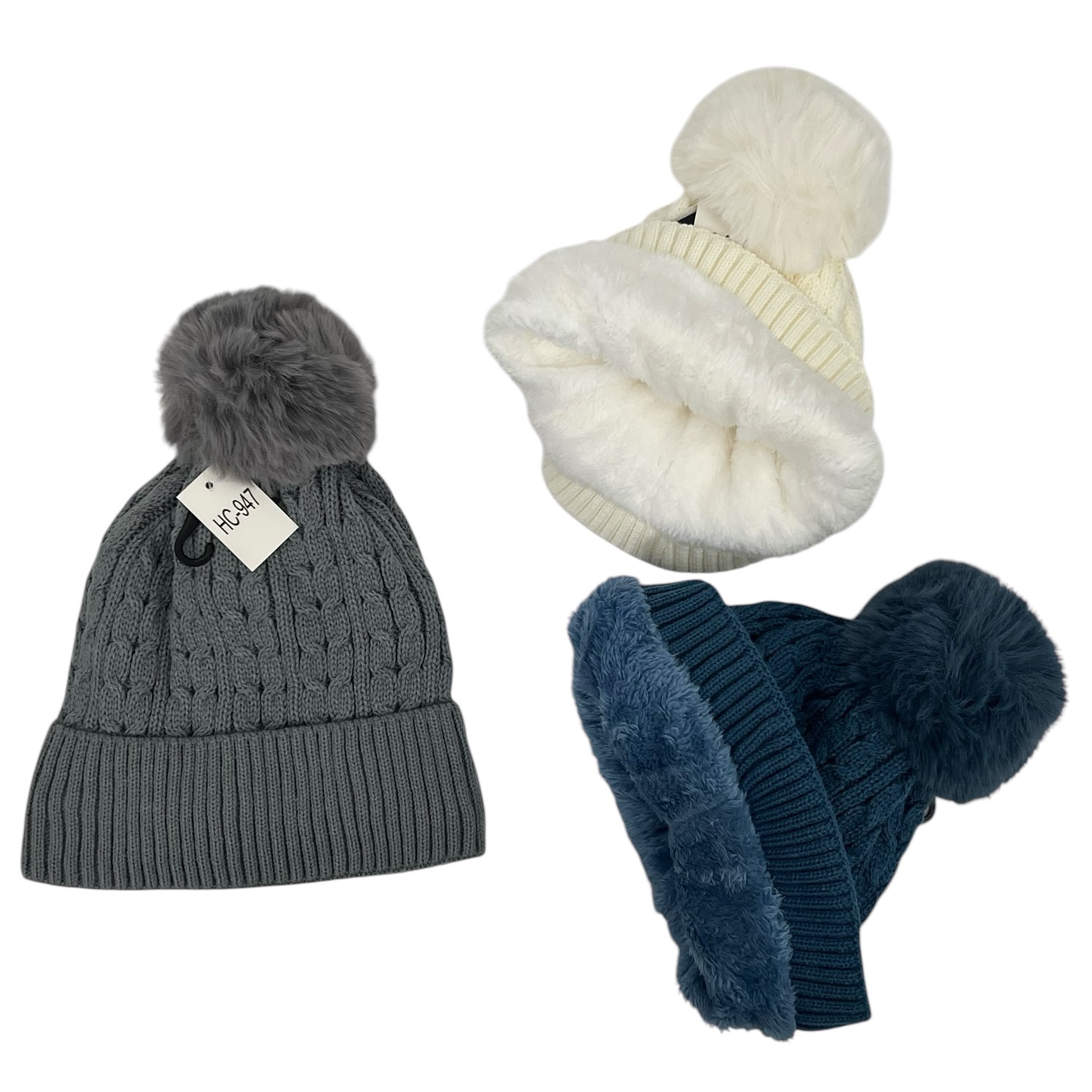 Cable Knit Pom-Pom Fleece Lined Hats HC947 (10 Colors 1 DZ)