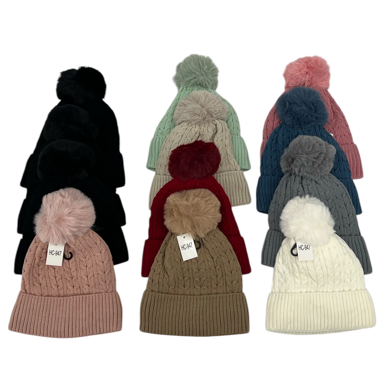 Cable Knit Pom-Pom Fleece Lined Hats HC947 (10 Colors 1 DZ)