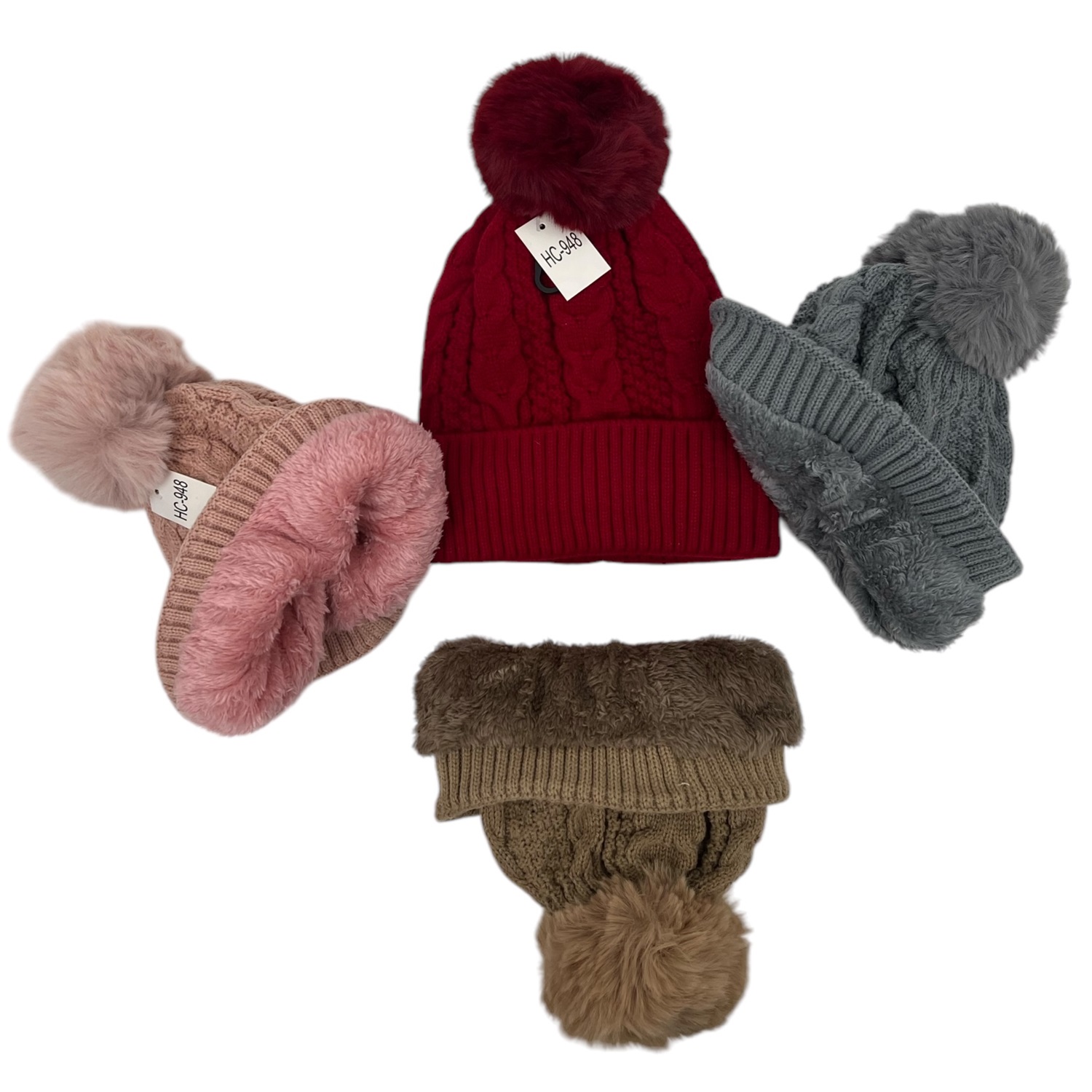 Cable Knit Pom-Pom Fleece Lined Hats HC948 (10 Colors 1 DZ)