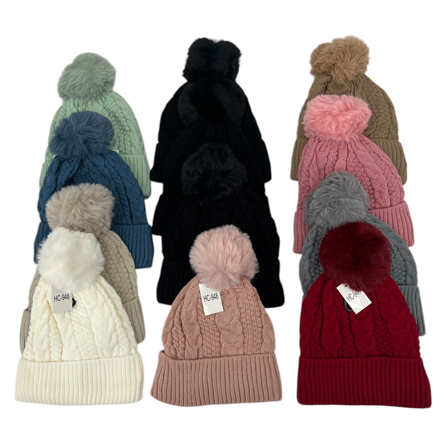 Cable Knit Pom-Pom Fleece Lined Hats HC948 (10 Colors 1 DZ)