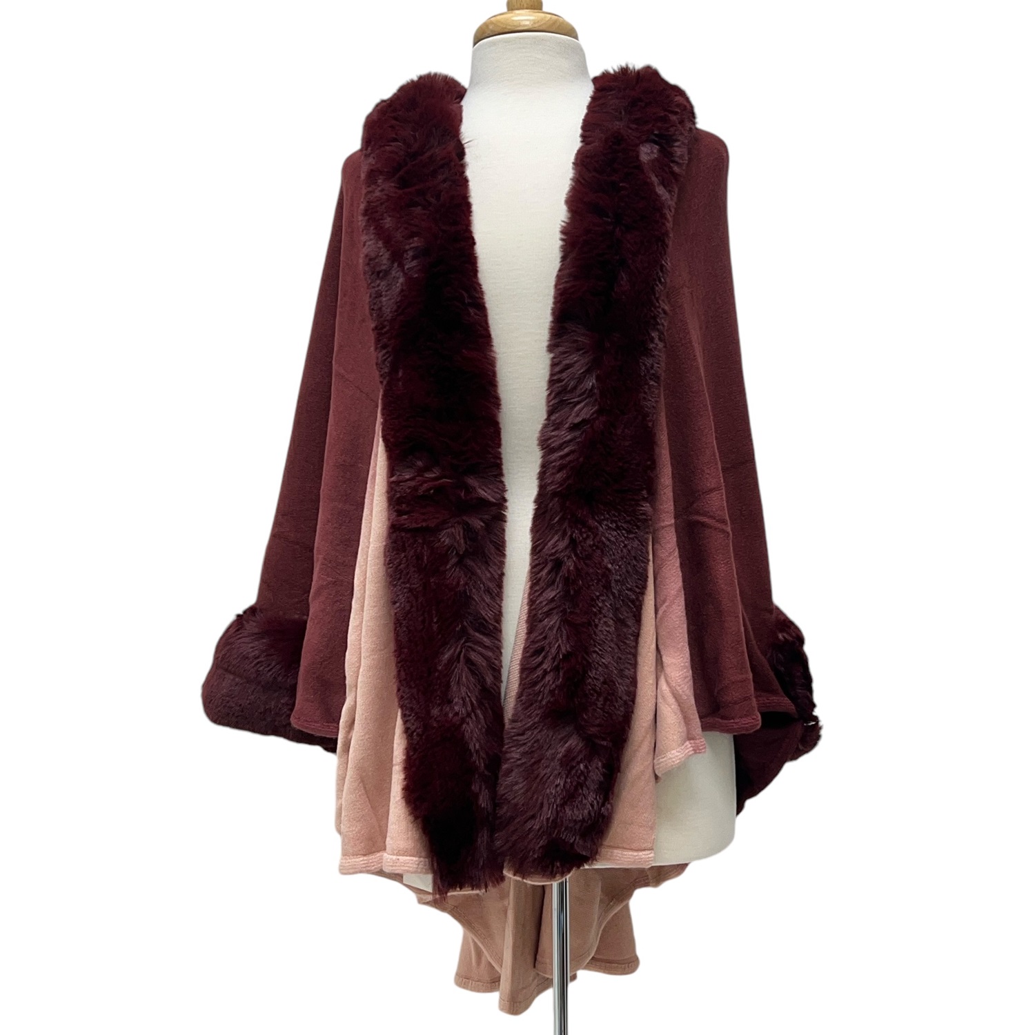 Gradation Faux Fur Poncho  Burgundy JB586