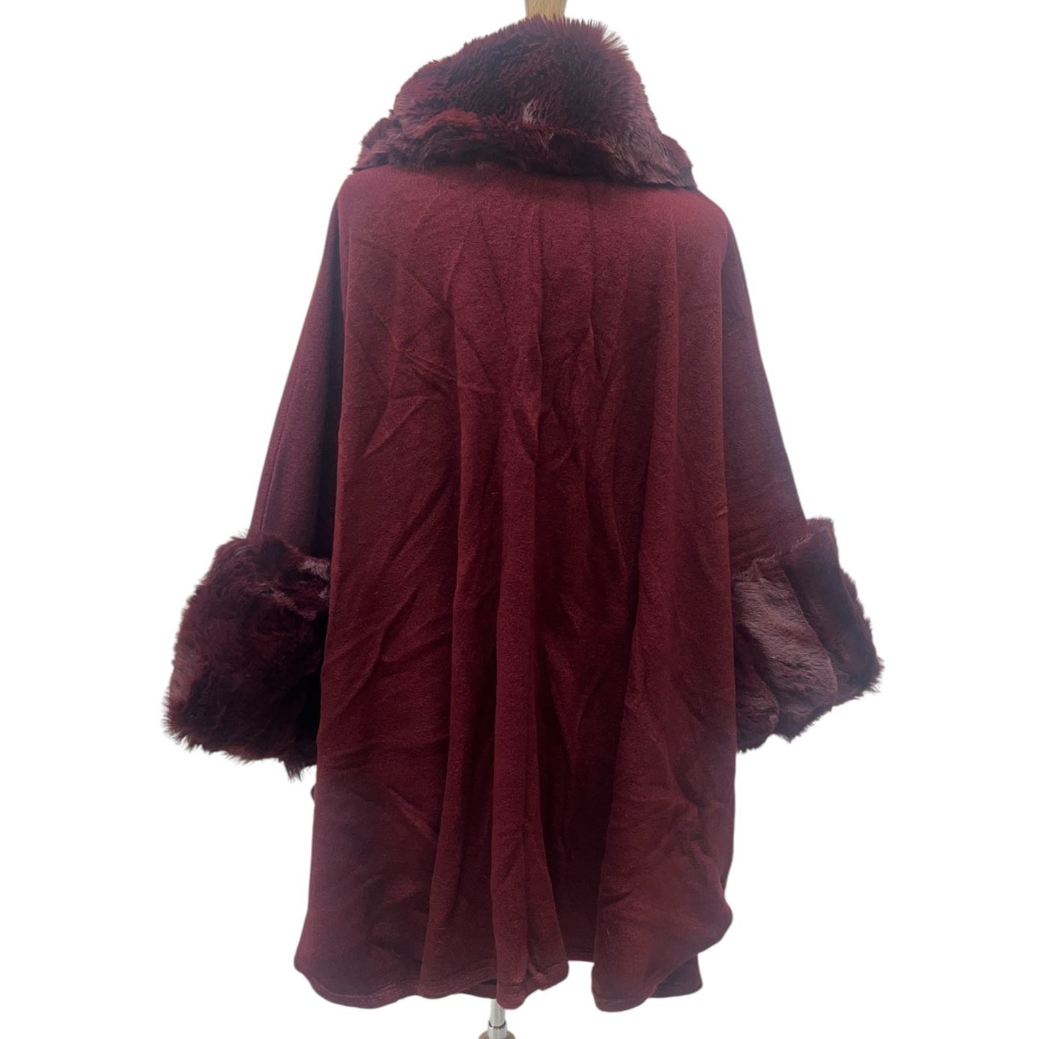 Luxury Faux Fur Poncho Coat Burgundy JB583