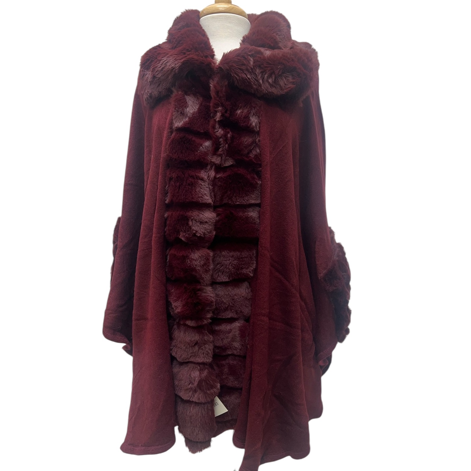 Luxury Faux Fur Poncho Coat Burgundy JB583