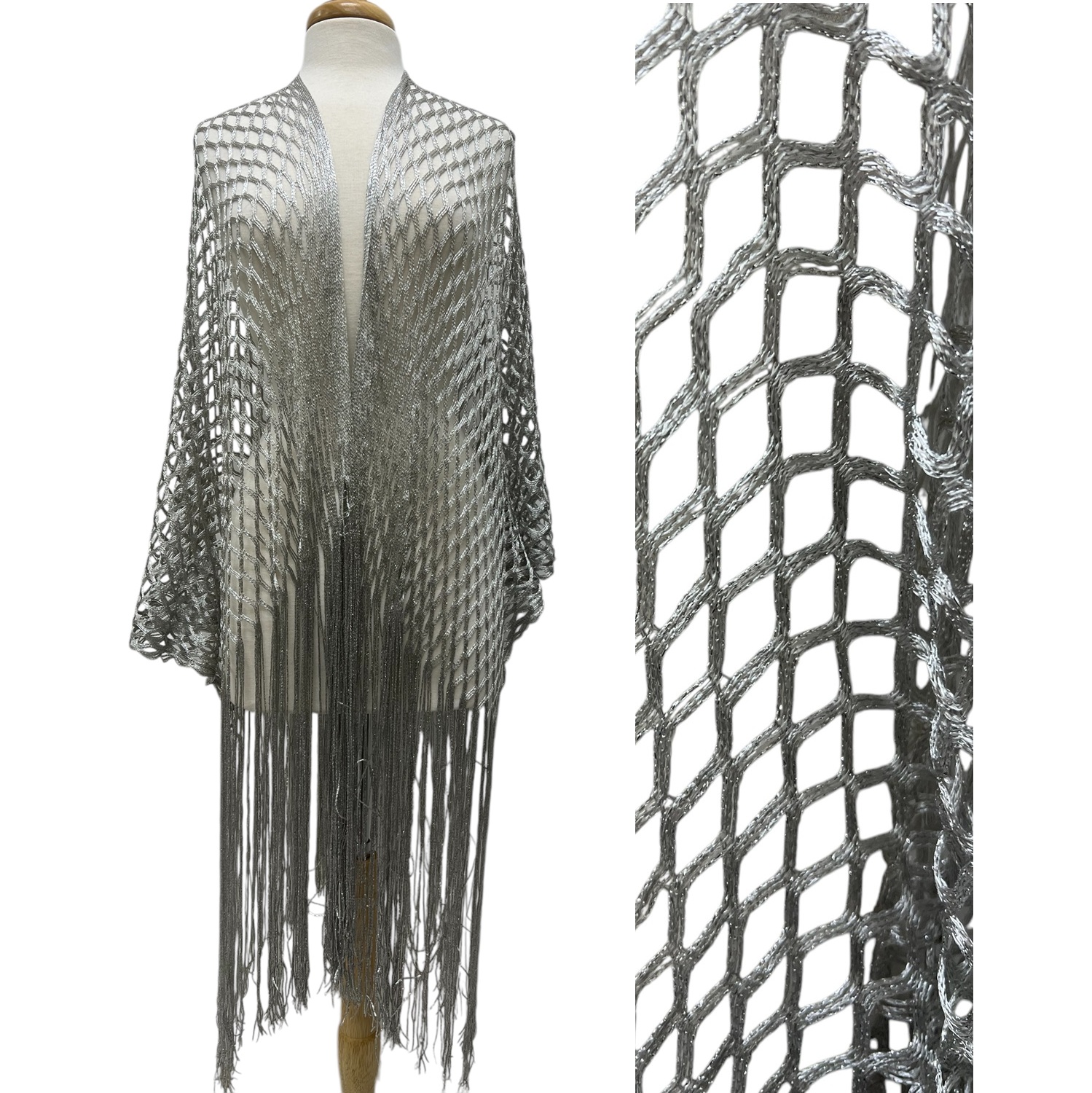 Metallic Sparkling Fishnet Oblong Kimono LB01002 Silver