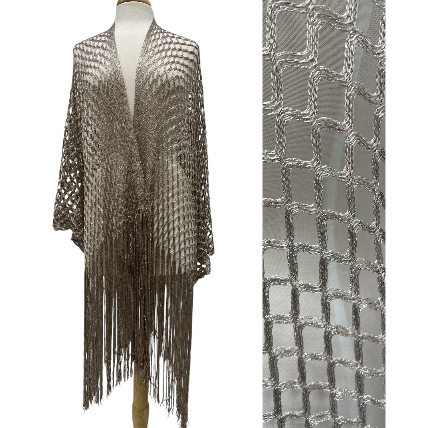 Metallic Sparkling Fishnet Oblong Kimono LB01002 Taupe