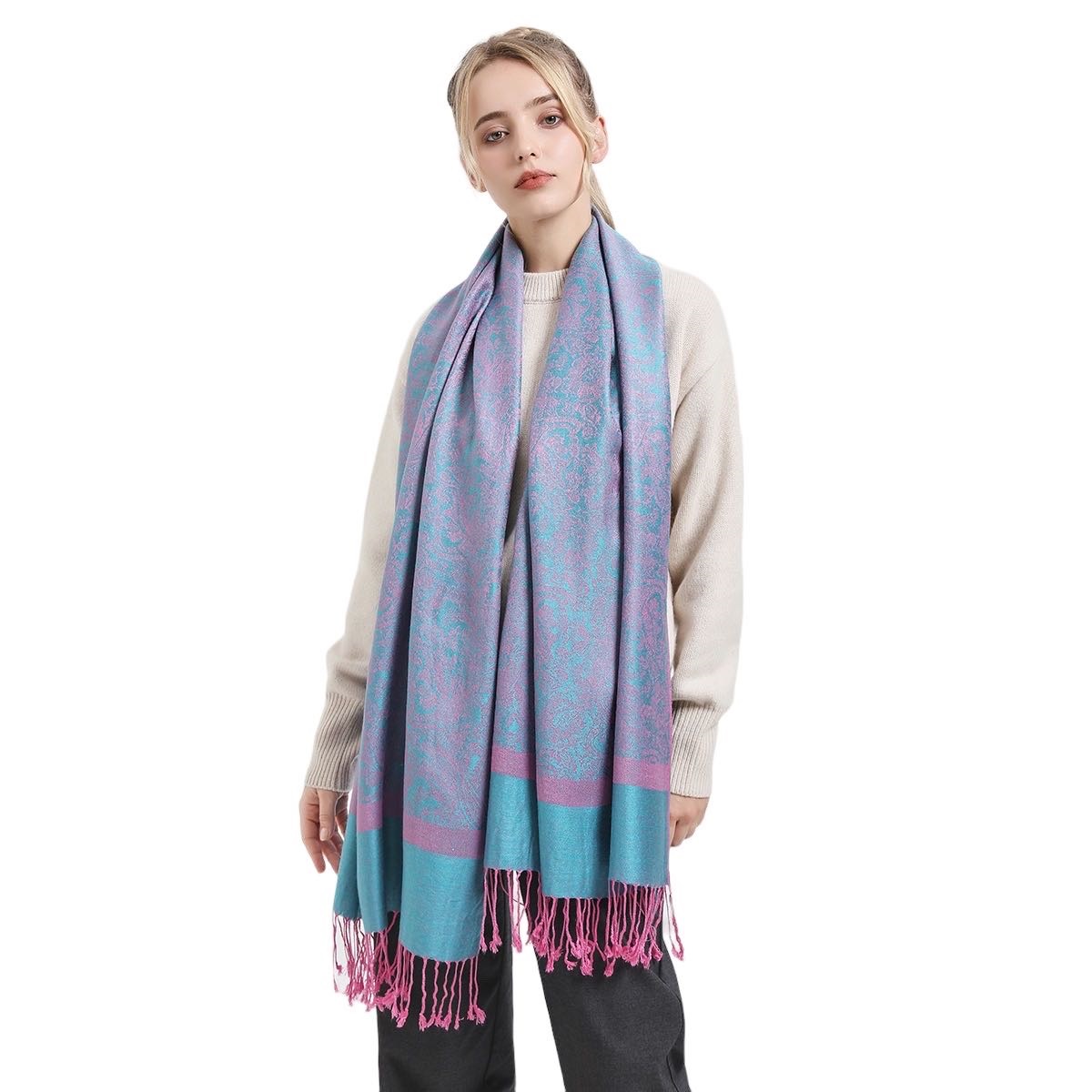 Jacquard Pashmina PL18201 Teal/Pink