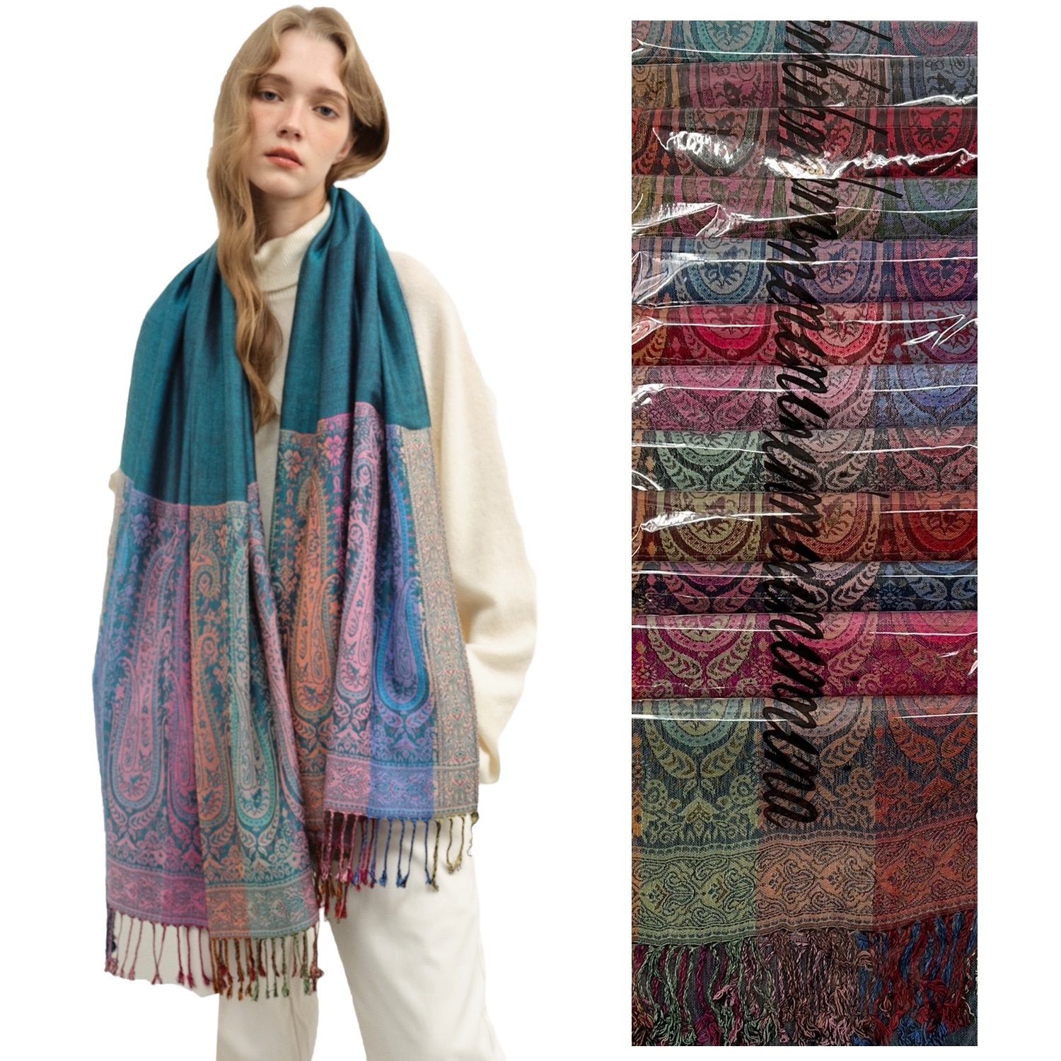 SF24113 Stripe Colorful Paisley Pashmina ( 12 COLORS, 1DZ)