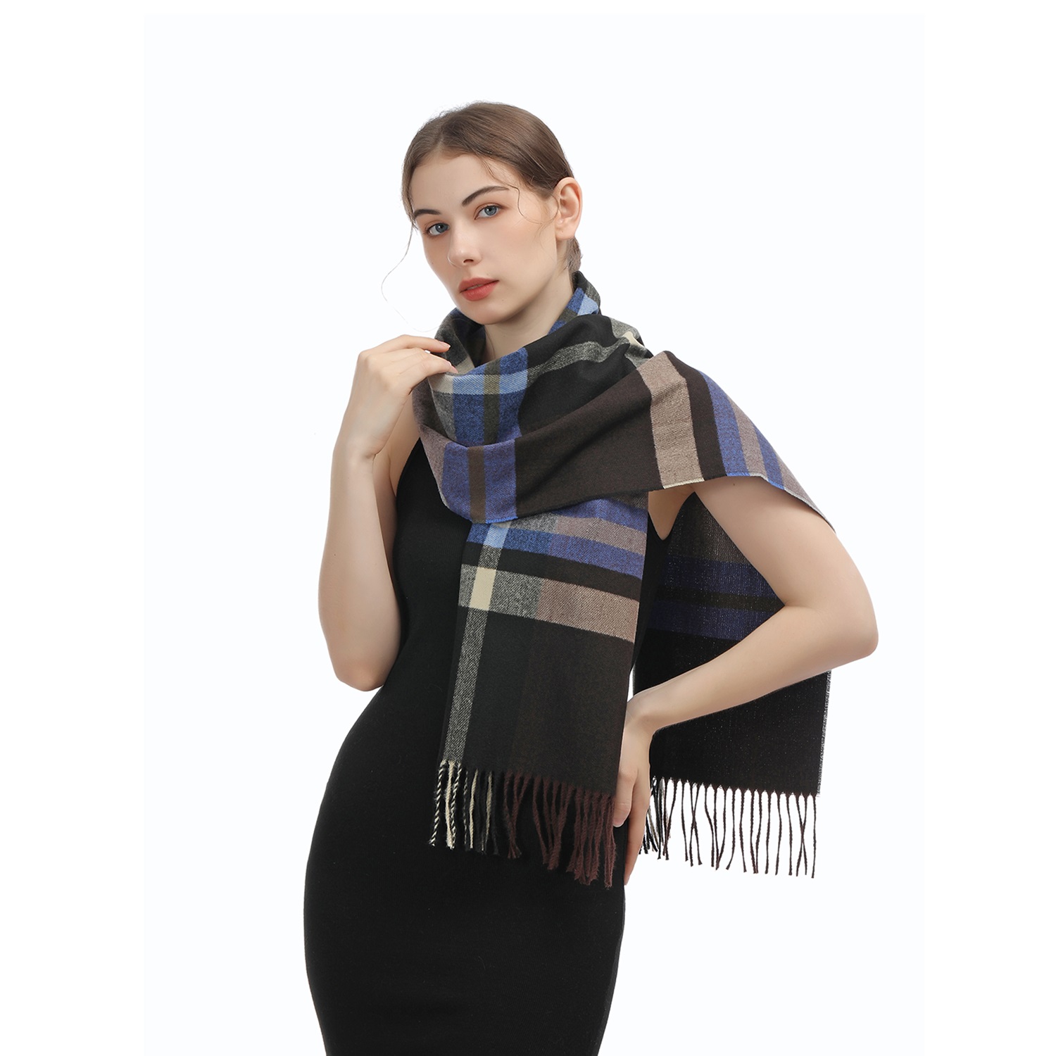 Cashmere Feel Scarf SW-37 Brown/black/blue