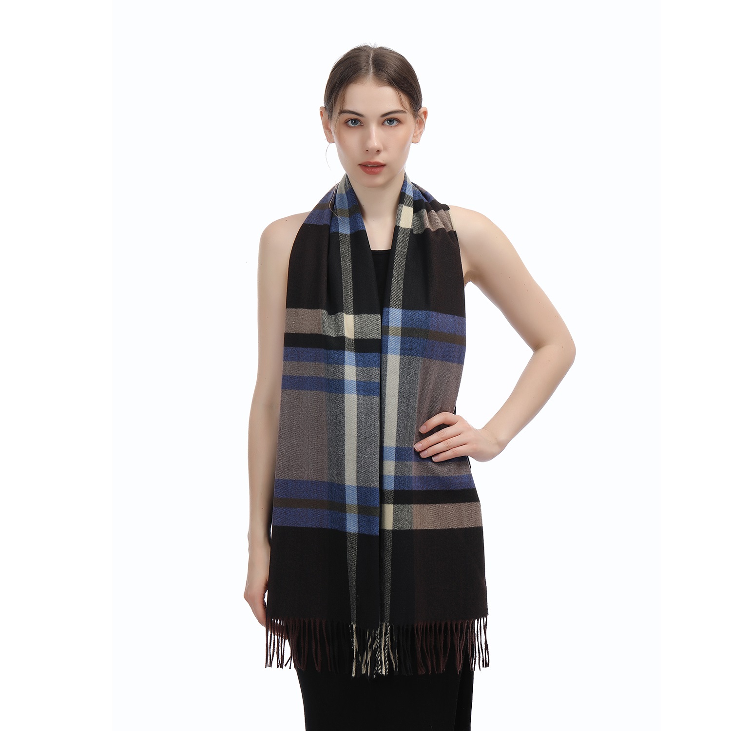 Cashmere Feel Scarf SW-37 Brown/black/blue