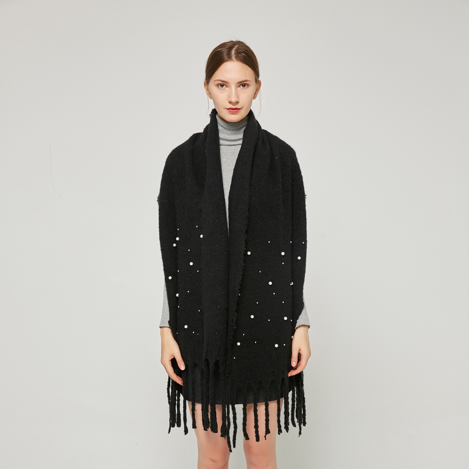 SF231422 Fringe Mohair Shawl with Pearls: Black