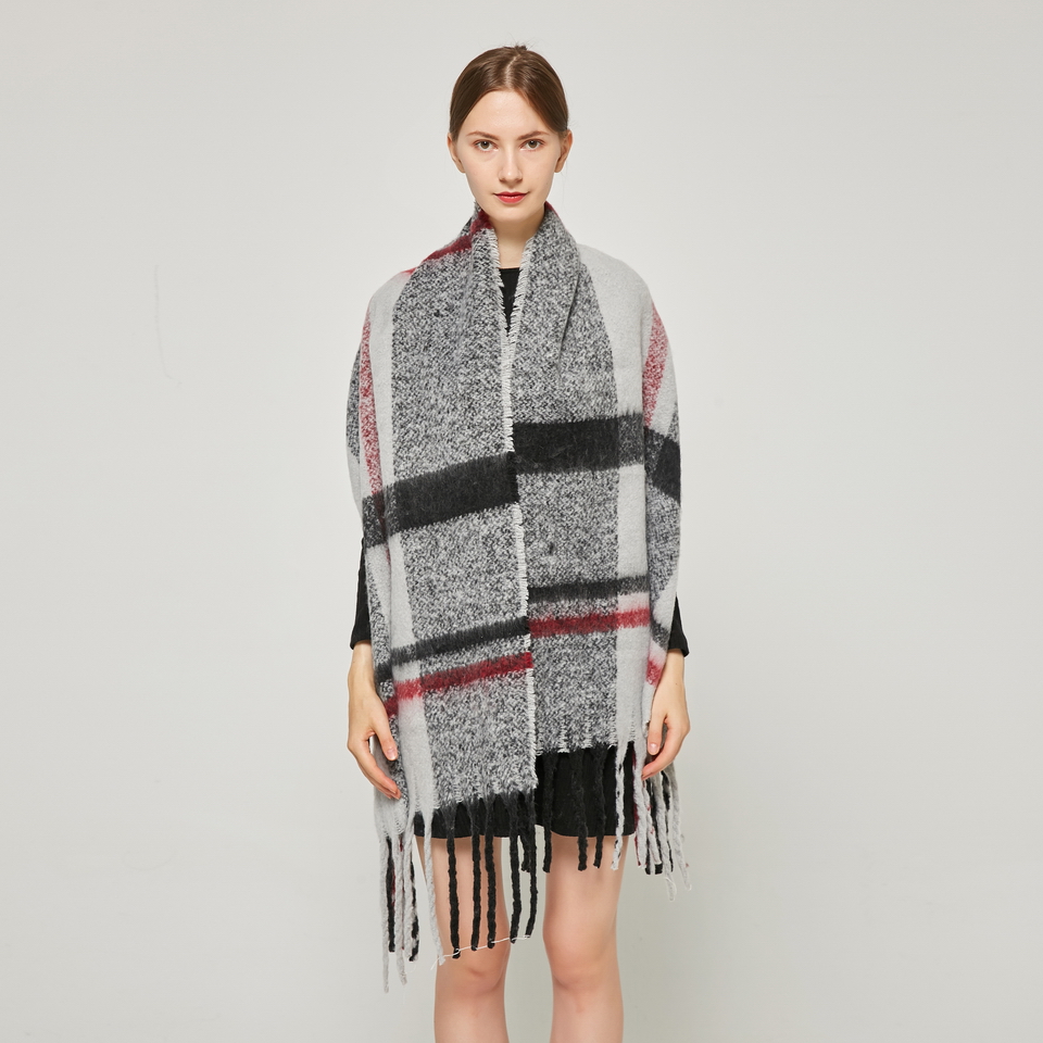 Stylish Plaid Mohair Shawl: Grey Multi SF231442