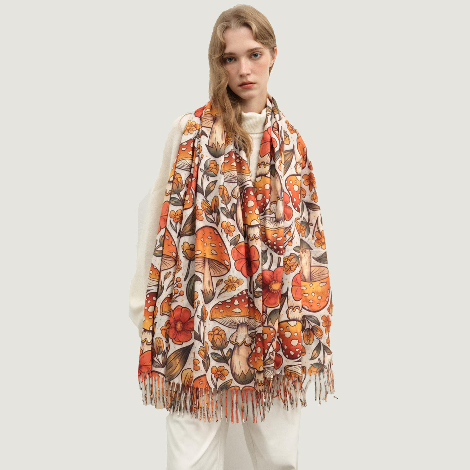 Fall Mushrooms and Floral Pattern Shawl SF240126