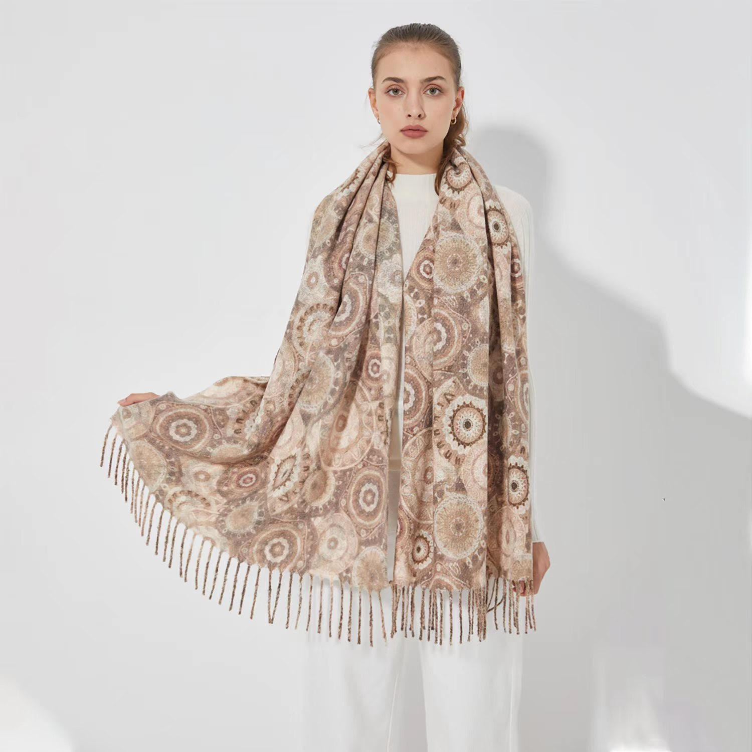 Cashmere Feel Circle Pattern Shawl SF24120 Beige