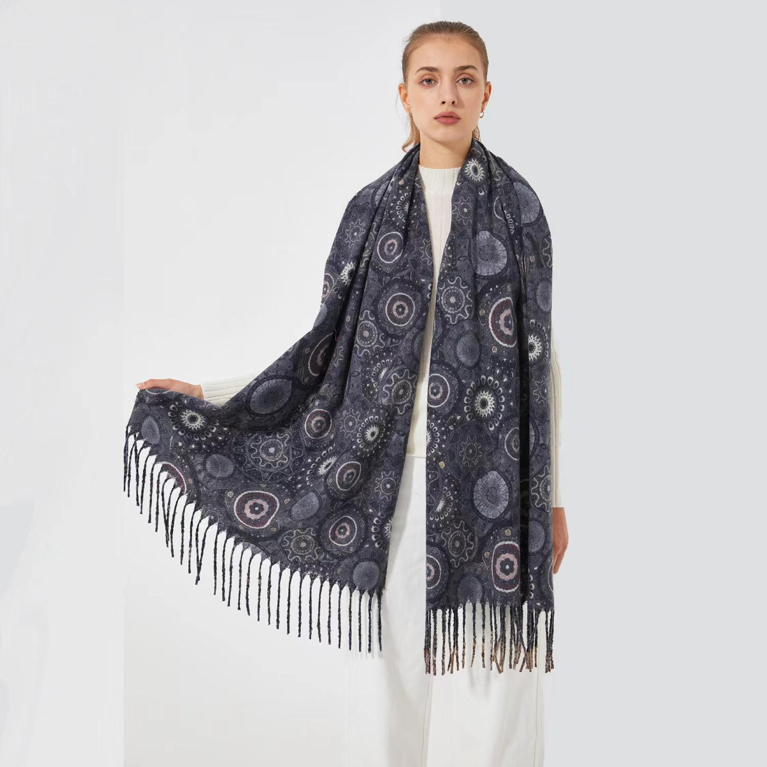 Cashmere Feel Circle Pattern Shawl SF24120 Grey