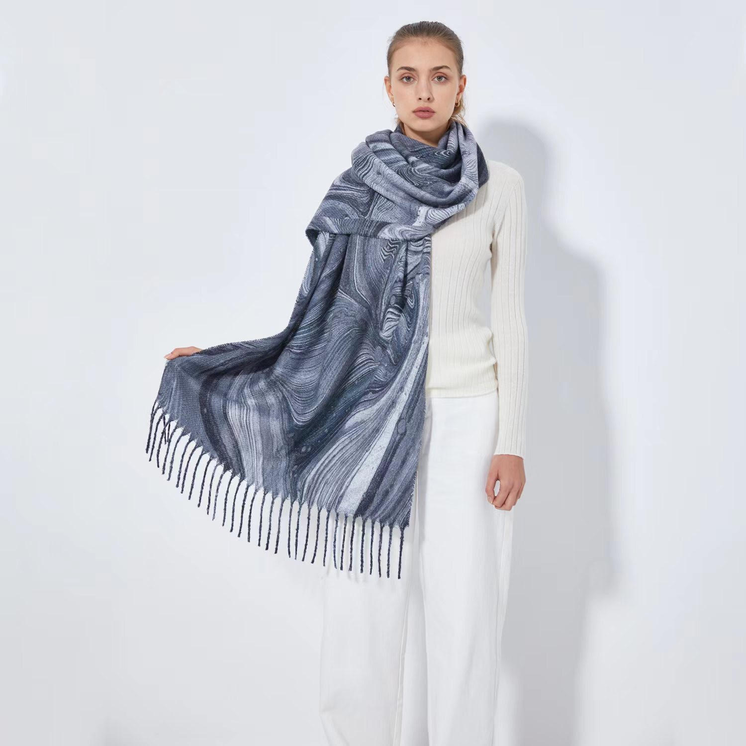 Cashmere Feel Wavy Line Pattern Shawl SF24121 Grey