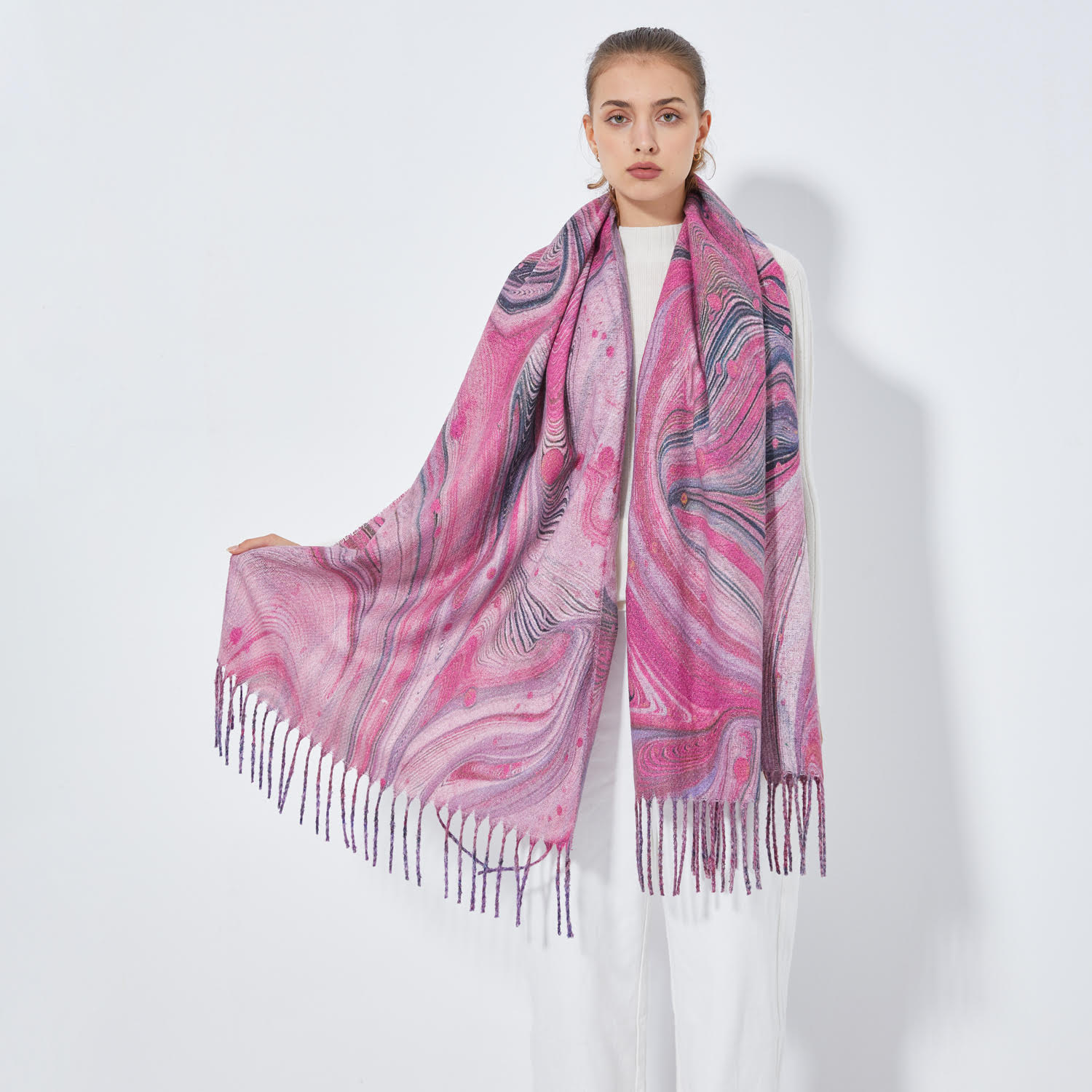 Cashmere Feel Wavy Line Pattern Shawl SF24121 Pink