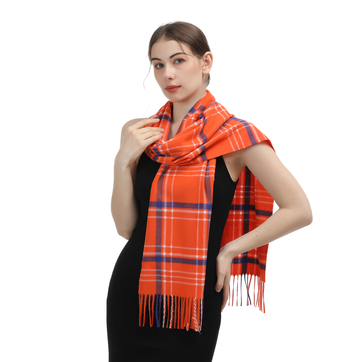 Cashmere Feel Checker Scarf SW-45: Orange/Blue