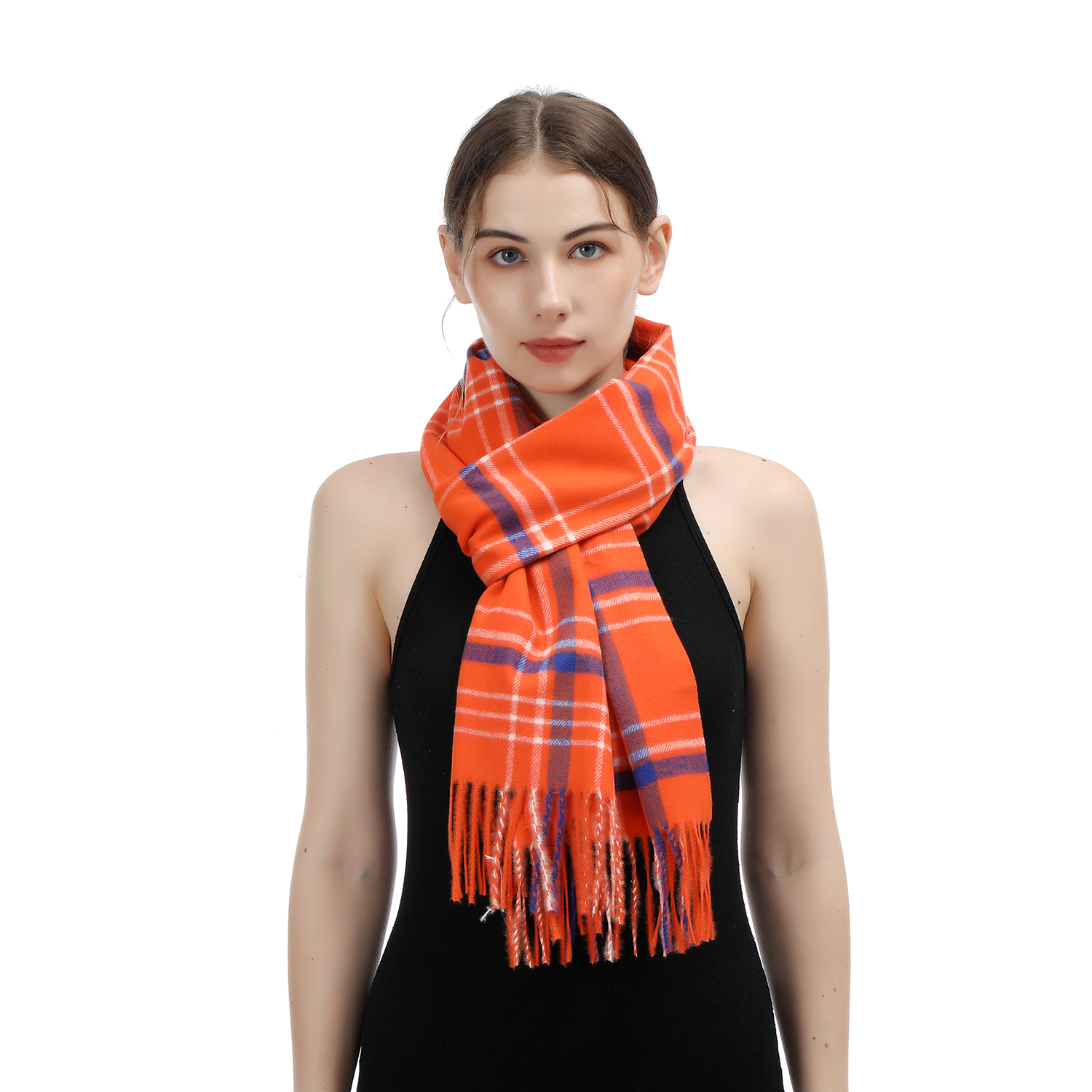 Cashmere Feel Checker Scarf SW-45: Orange/Blue