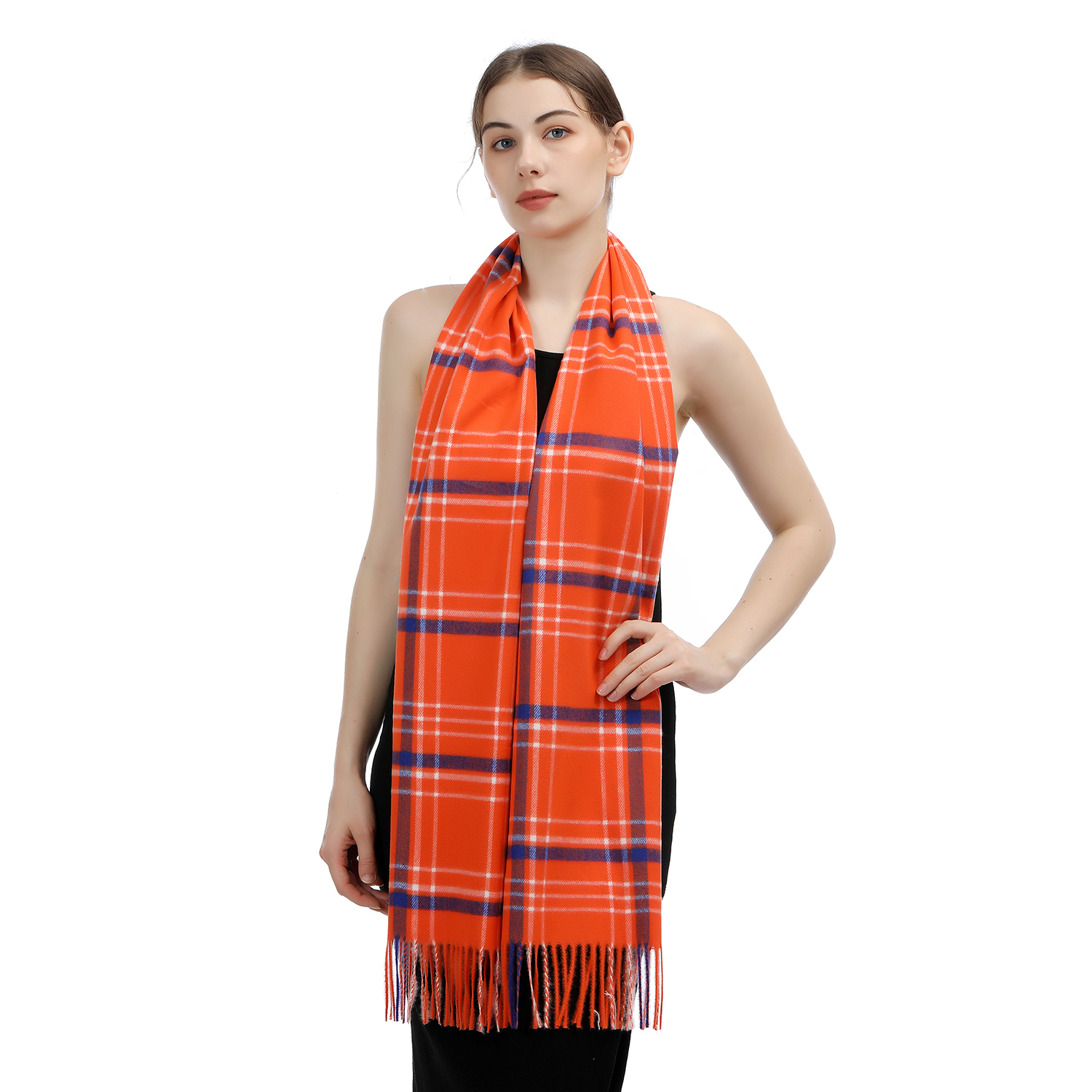 Cashmere Feel Checker Scarf SW-45: Orange/Blue