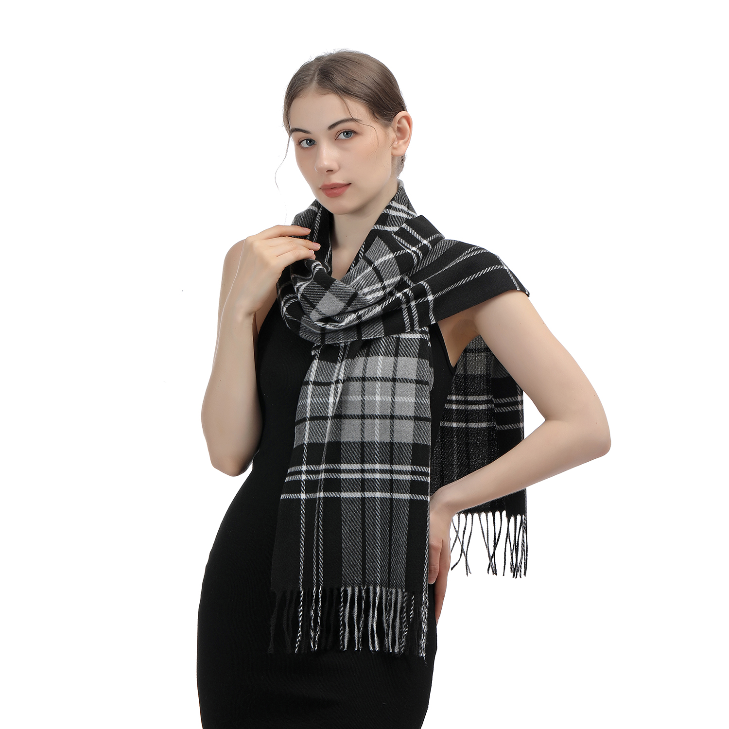 Cashmere Feel Scarf SW-51:Grey/White Plaid