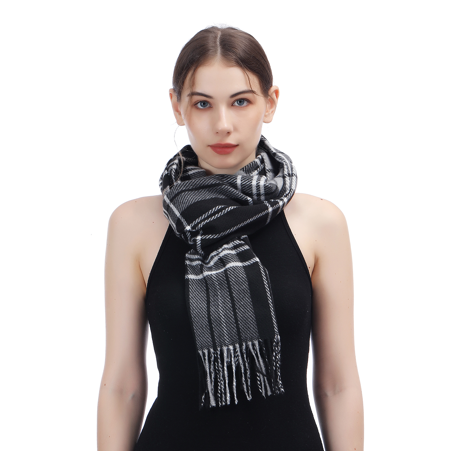 Cashmere Feel Scarf SW-51:Grey/White Plaid