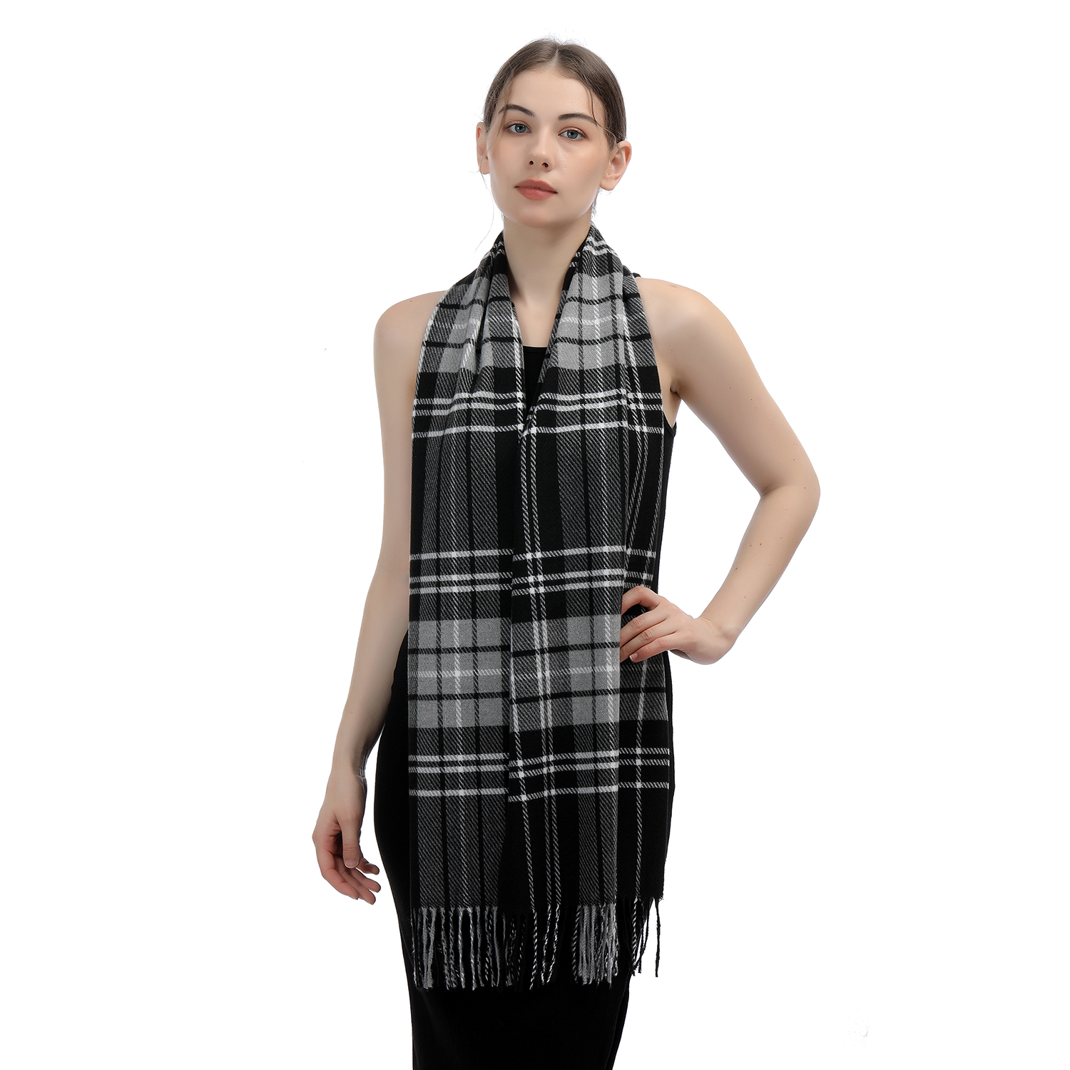 Cashmere Feel Scarf SW-51:Grey/White Plaid