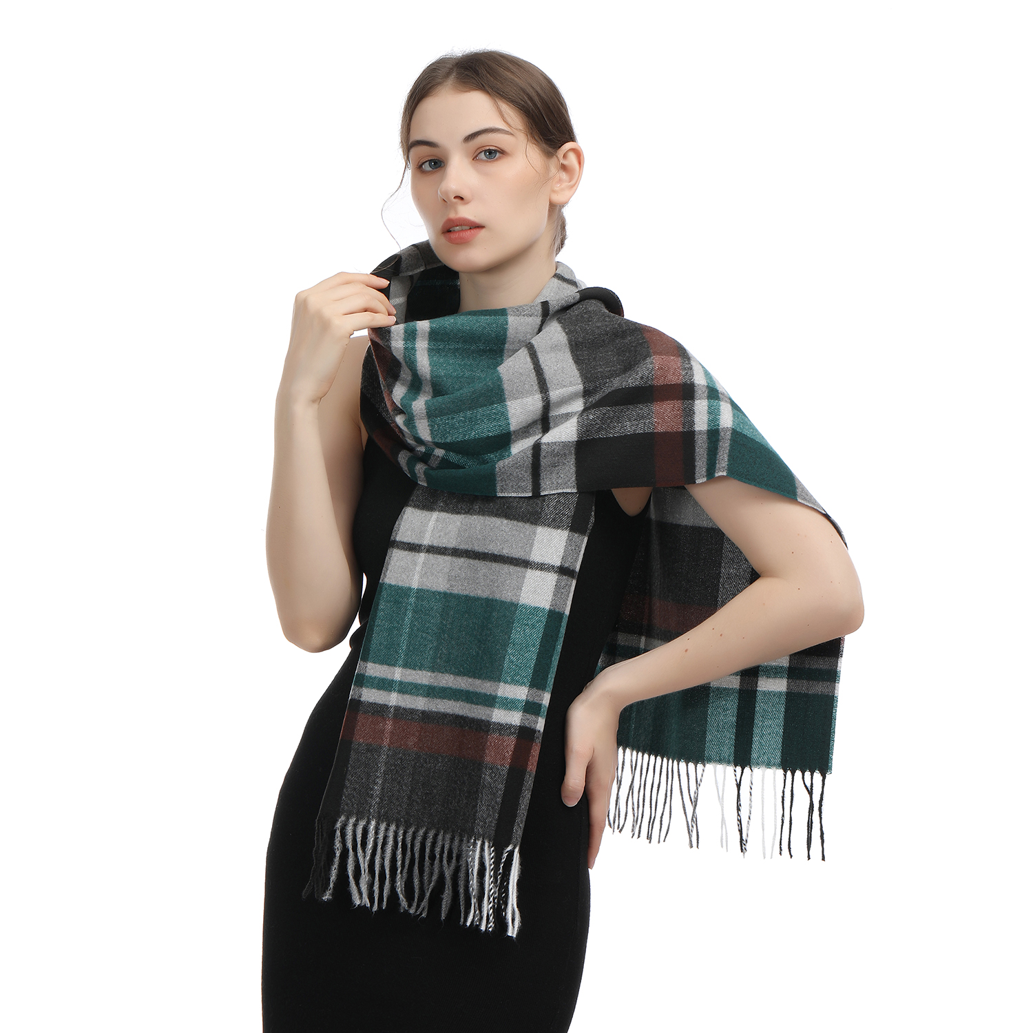 Cashmere Feel Scarf SW-53:Green/Grey Plaid