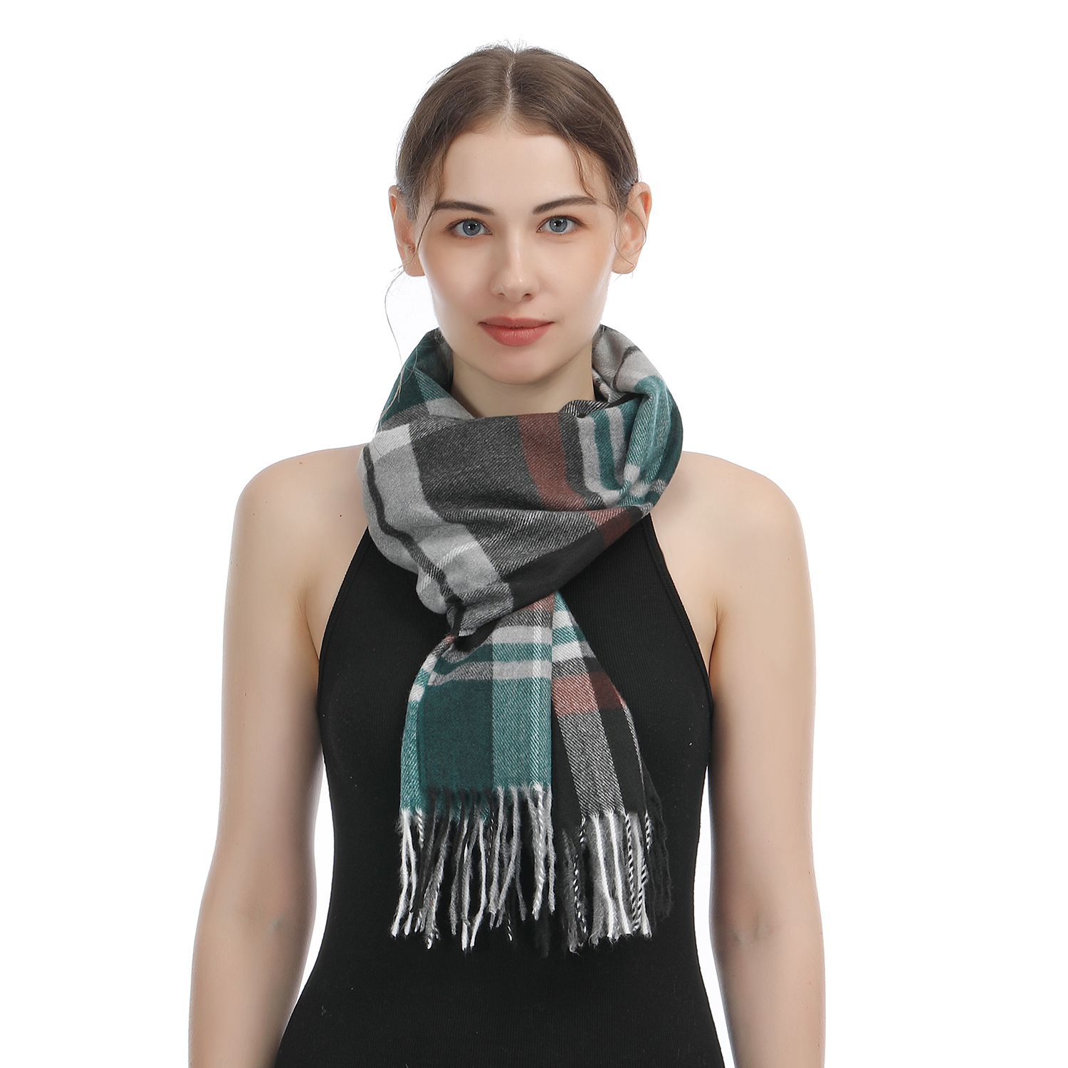 Cashmere Feel Scarf SW-53:Green/Grey Plaid