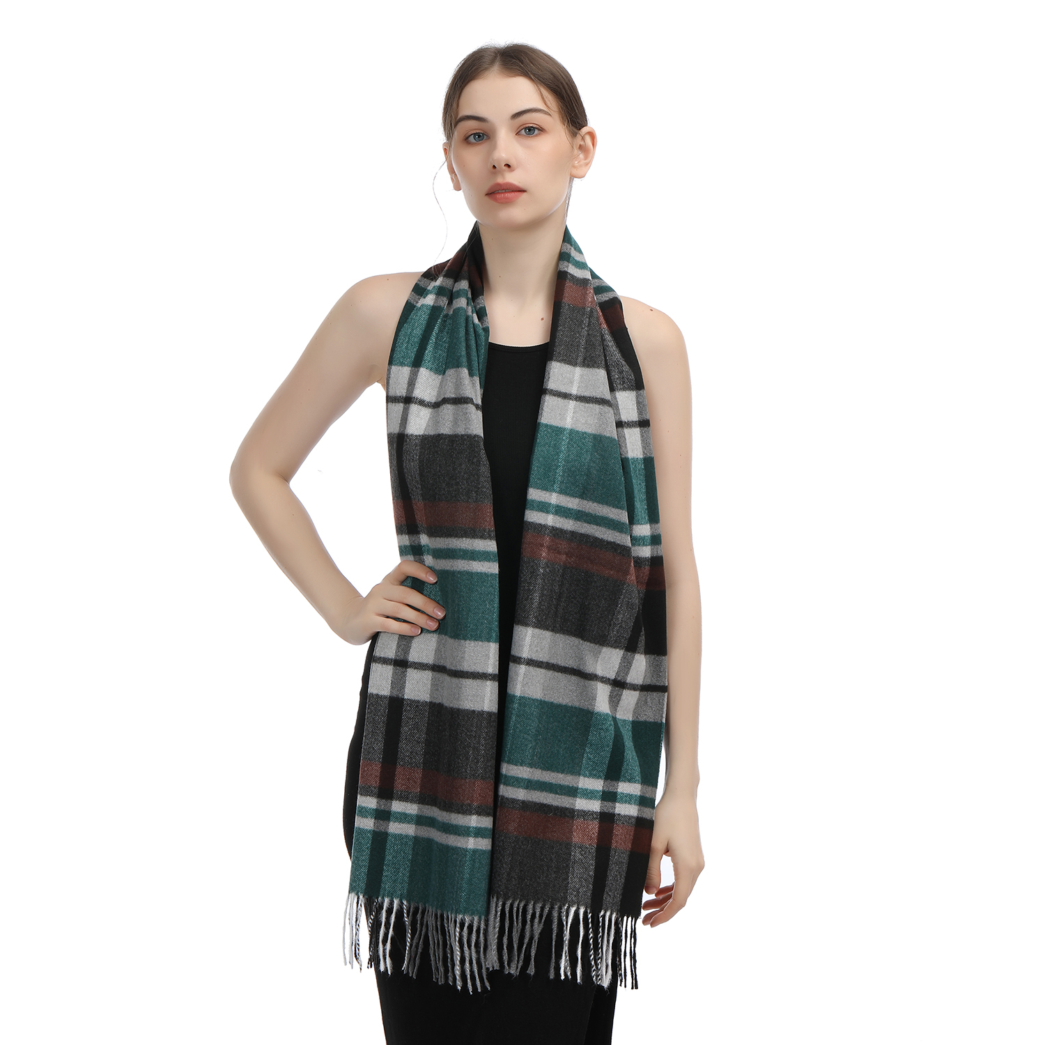 Cashmere Feel Scarf SW-53:Green/Grey Plaid