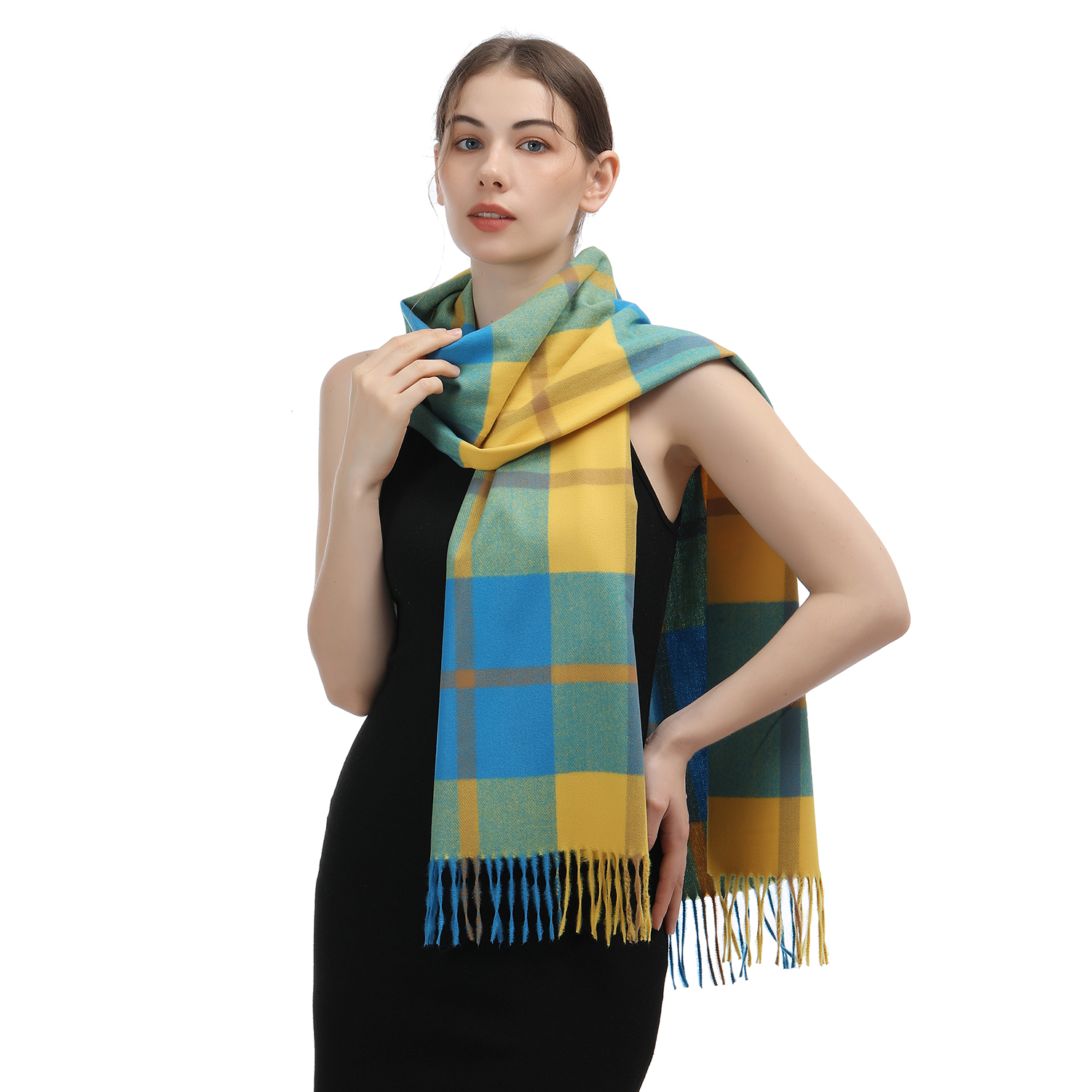 Cashmere Feel Plaid Scarf SW-59:Blue/Yellow