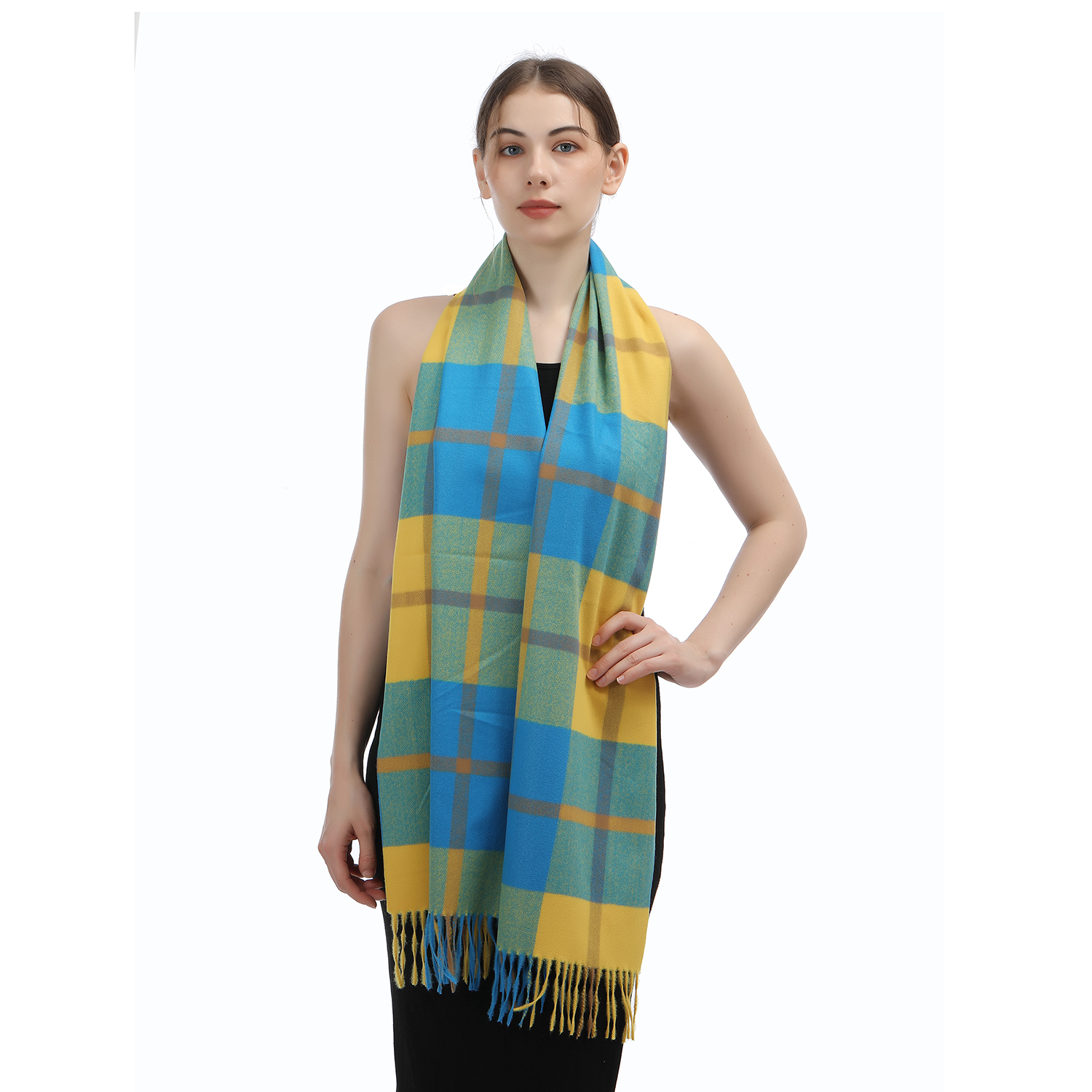 Cashmere Feel Plaid Scarf SW-59:Blue/Yellow