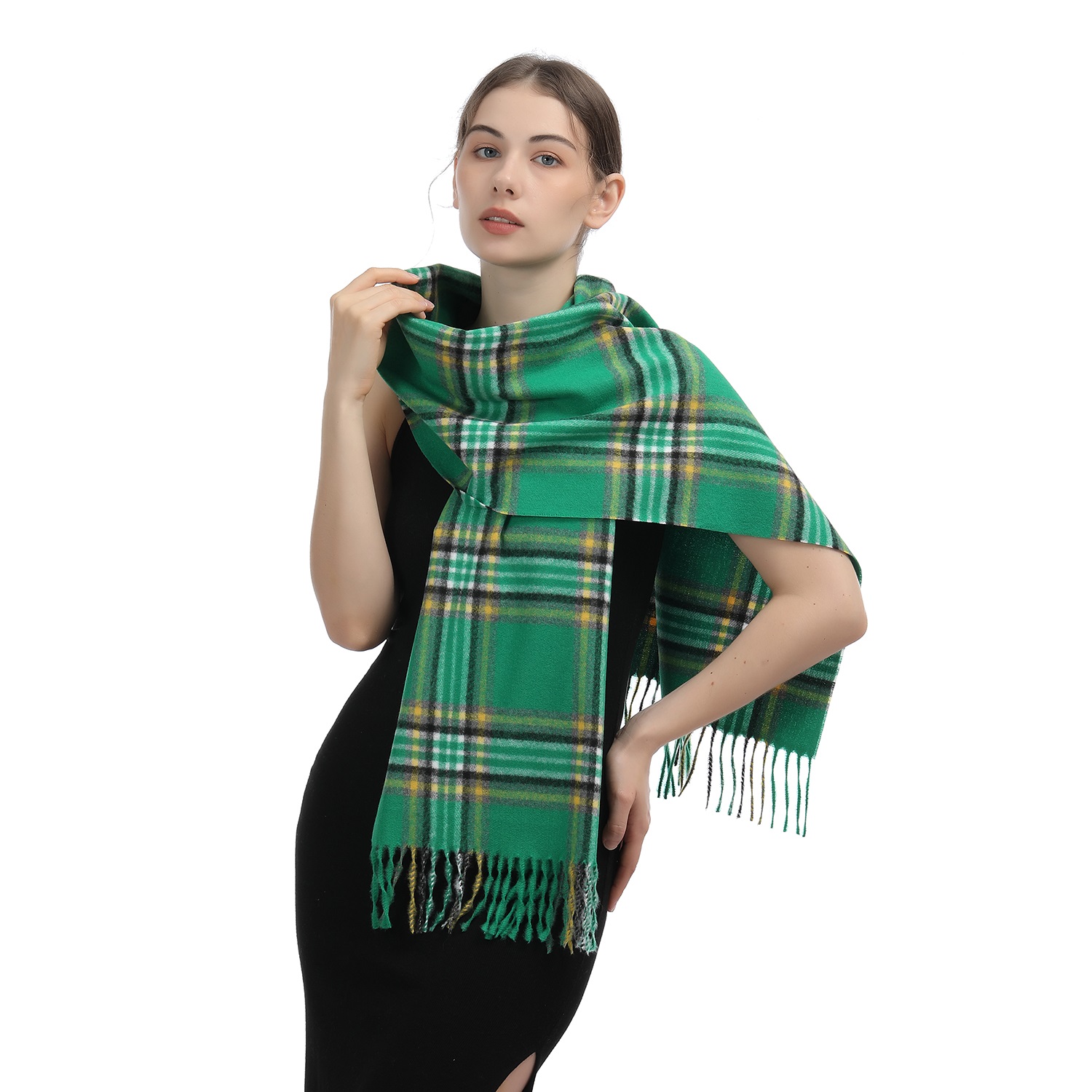 Cashmere Feel Plaid Scarf SW-62:Green/Yellow/White/Black