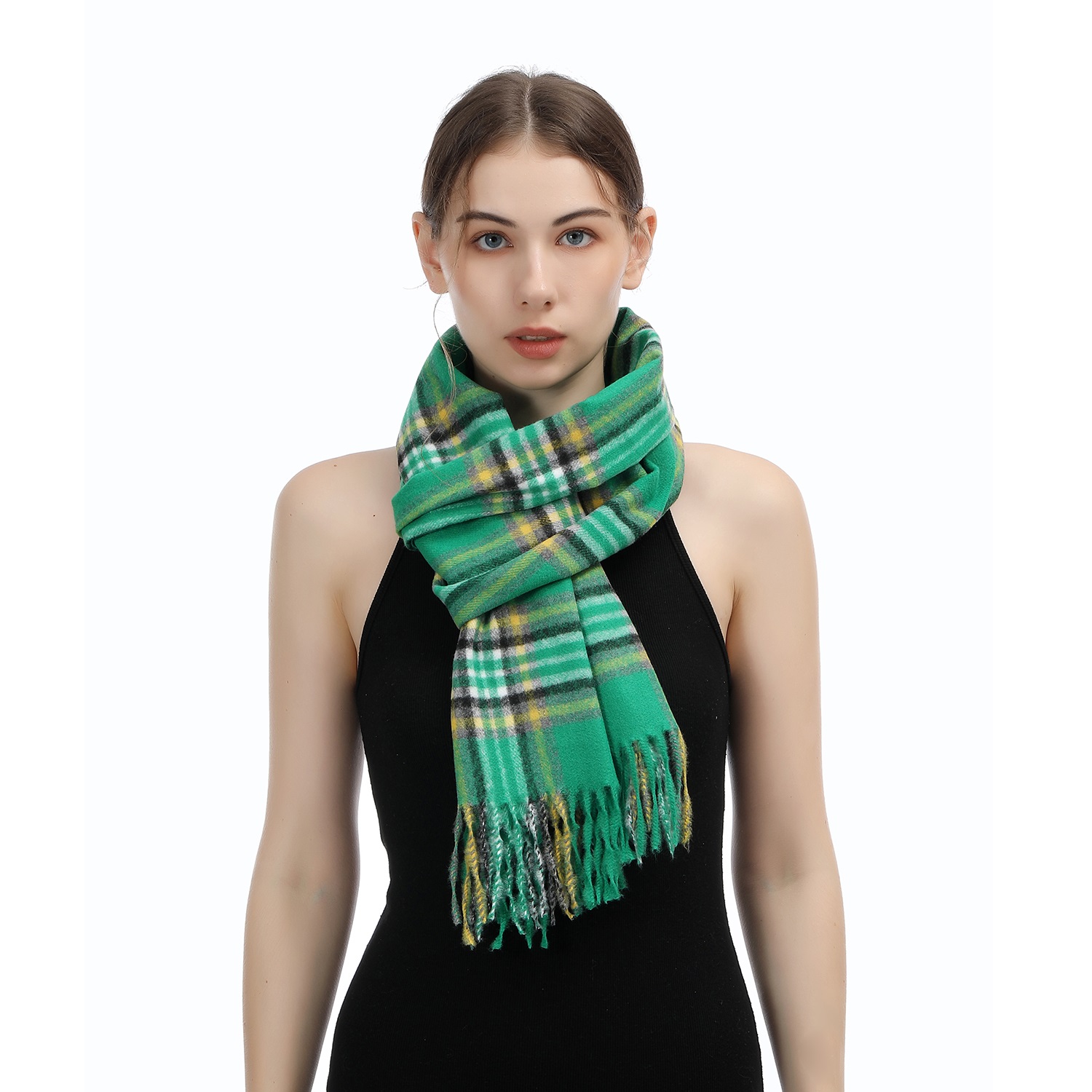 Cashmere Feel Plaid Scarf SW-62:Green/Yellow/White/Black