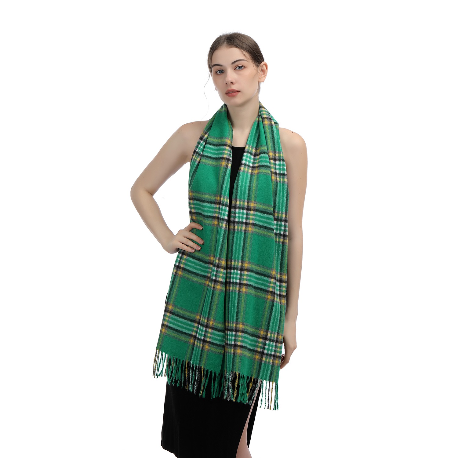 Cashmere Feel Plaid Scarf SW-62:Green/Yellow/White/Black